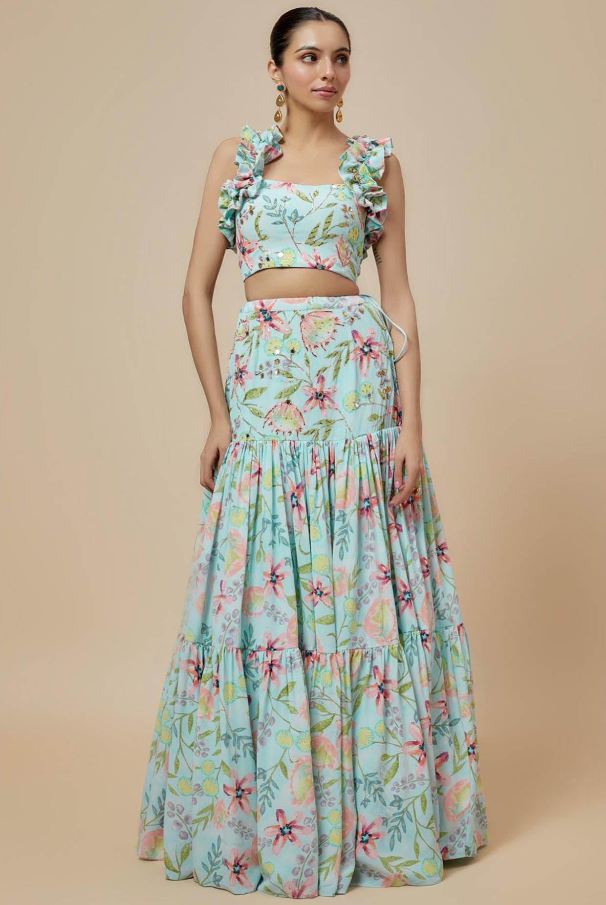 Lavender Printed Lifted Ruffled Choli And Lehenga