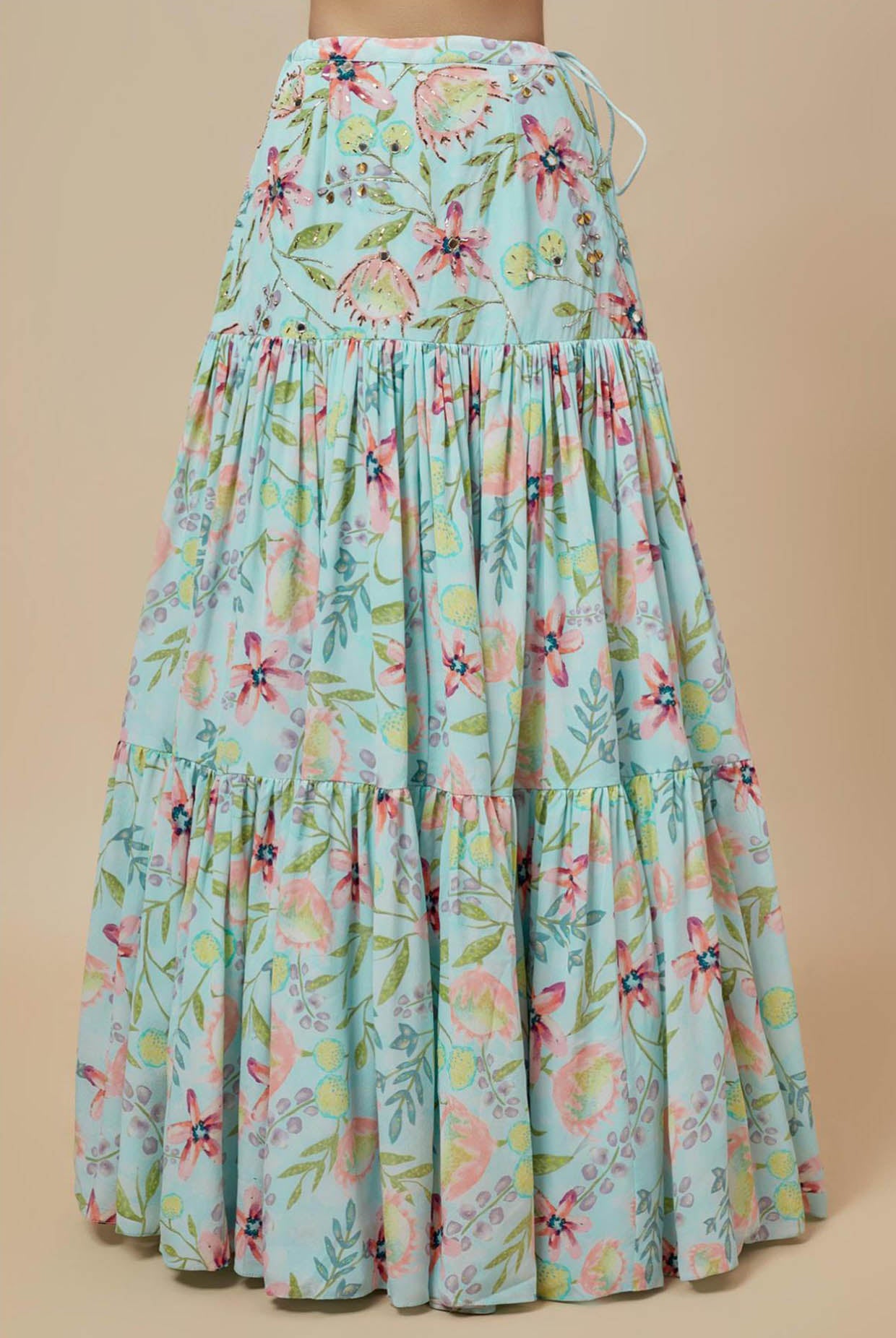 Lavender Printed Lifted Ruffled Choli And Lehenga