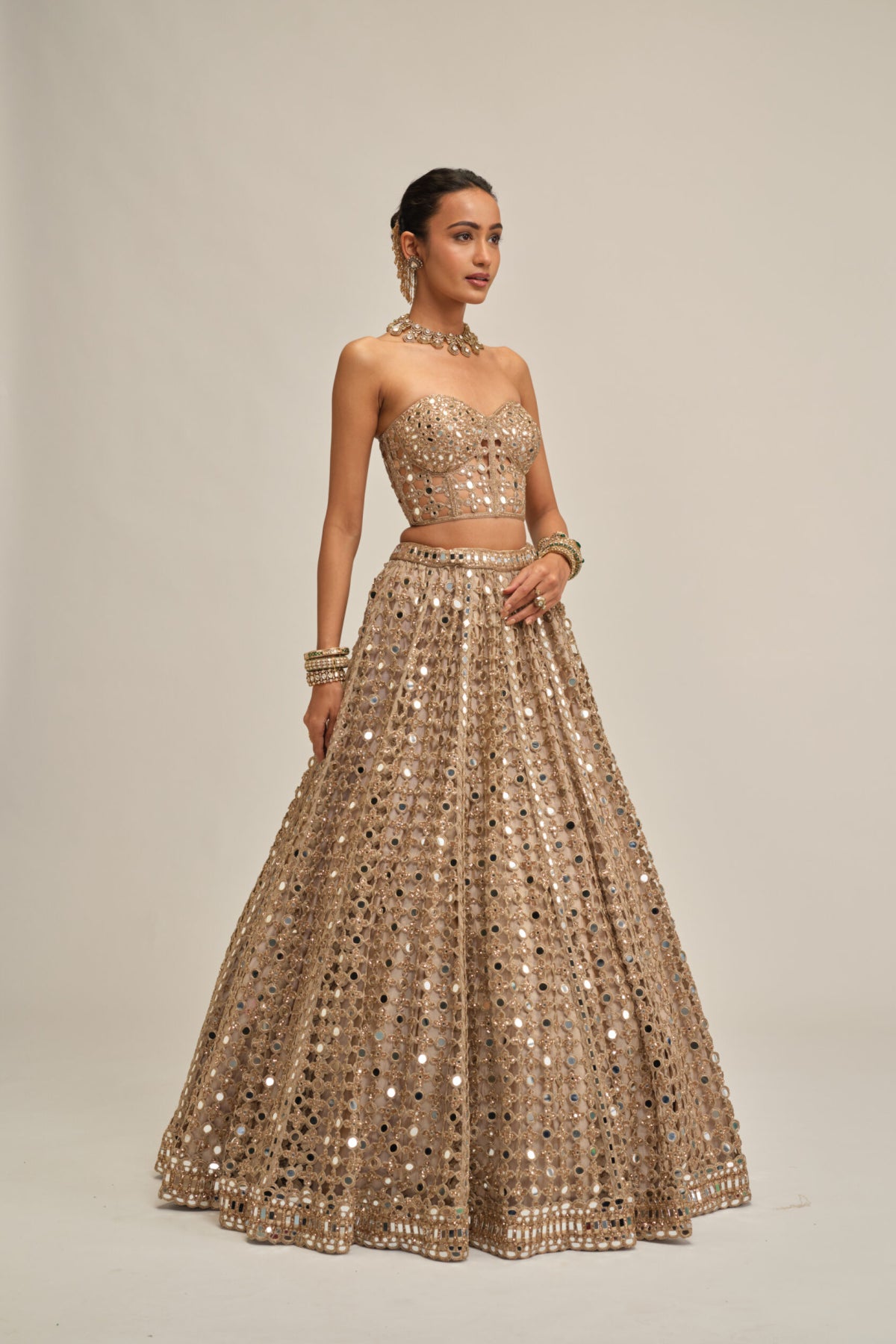 Light Beige Big Mirror Cutwork Crop Top Skirt Set