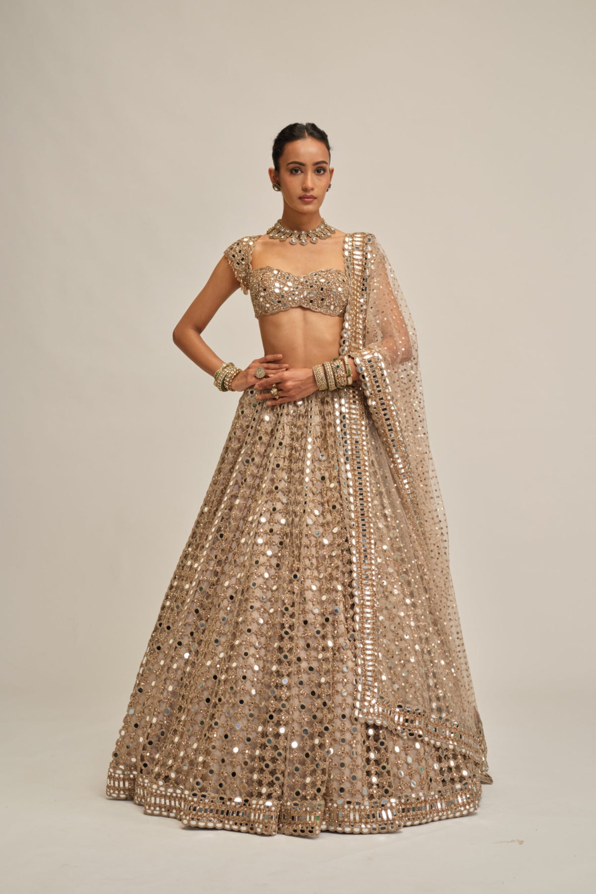 Light Beige Big Mirror Cutwork Lehenga Set