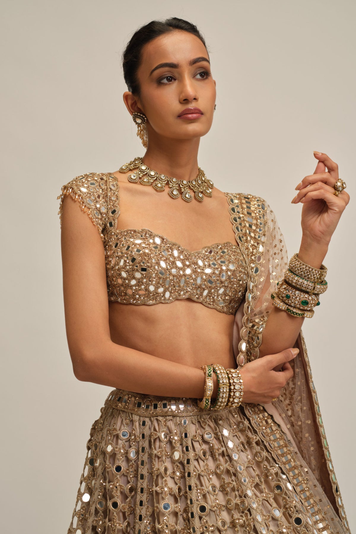 Light Beige Big Mirror Cutwork Lehenga Set