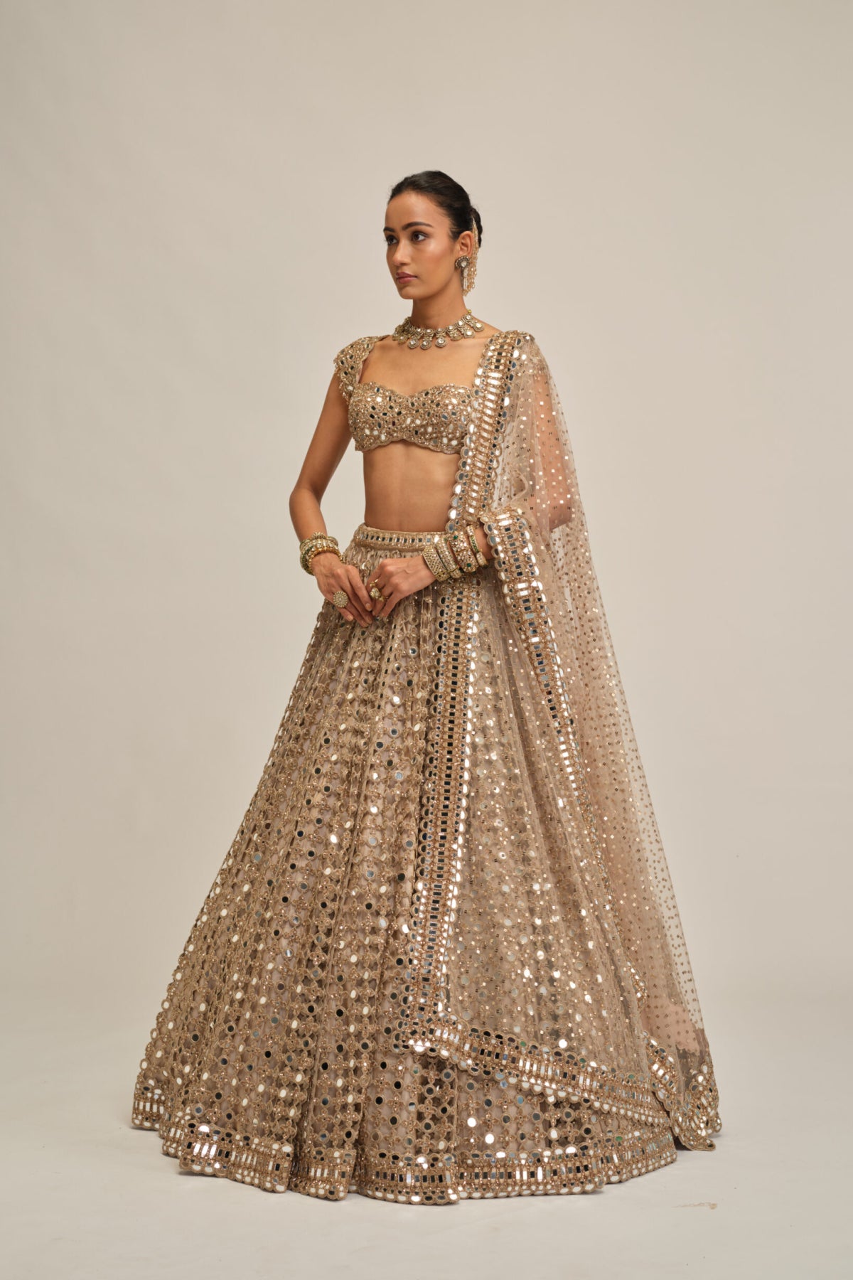 Light Beige Big Mirror Cutwork Lehenga Set