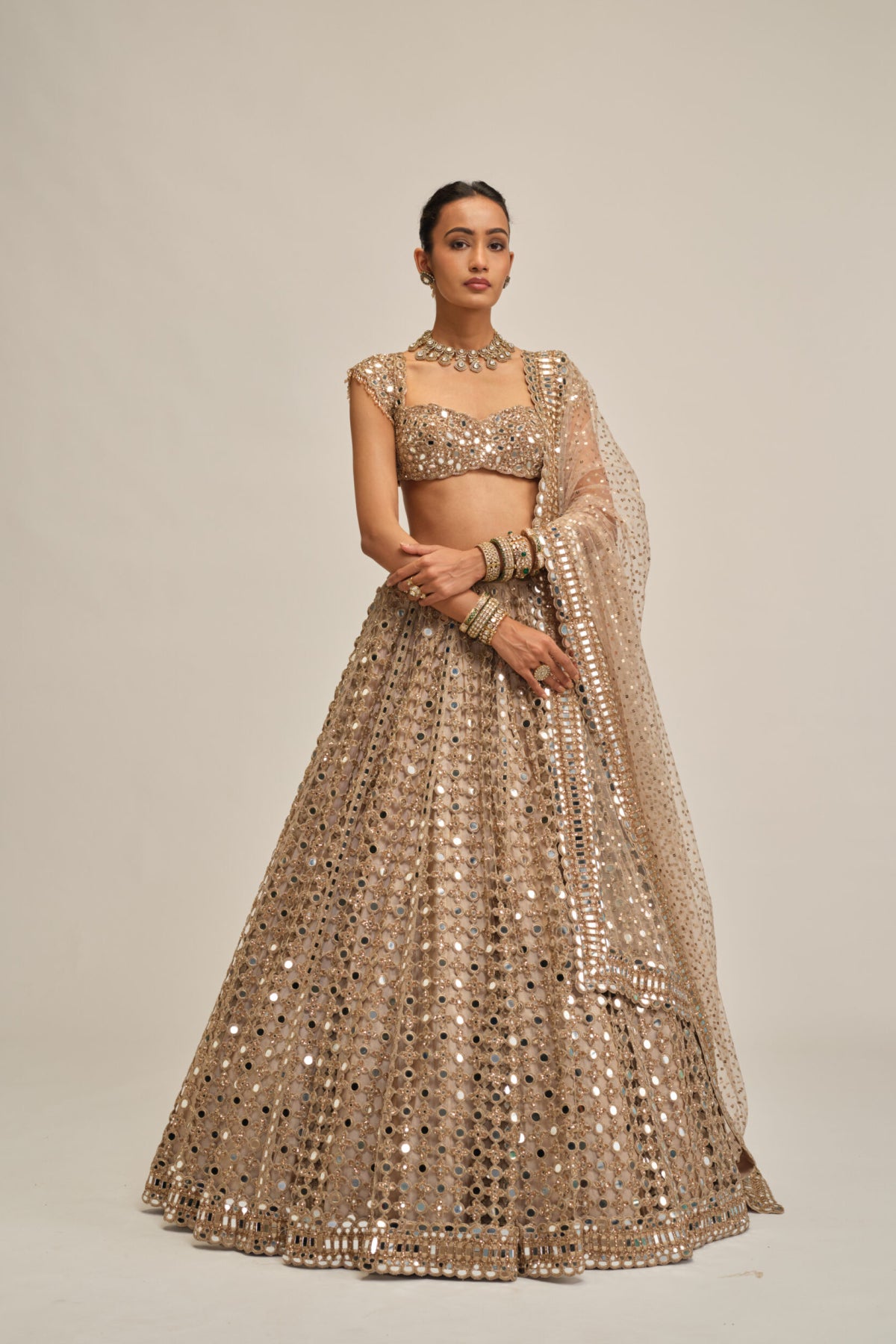 Light Beige Big Mirror Cutwork Lehenga Set