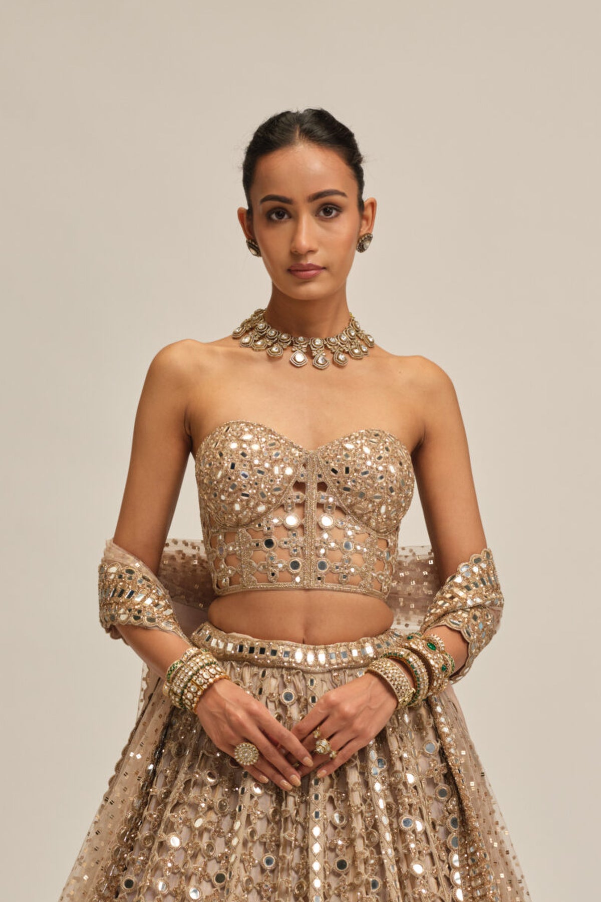 Light Beige Big Mirror Cutwork Lehenga With Corset Set