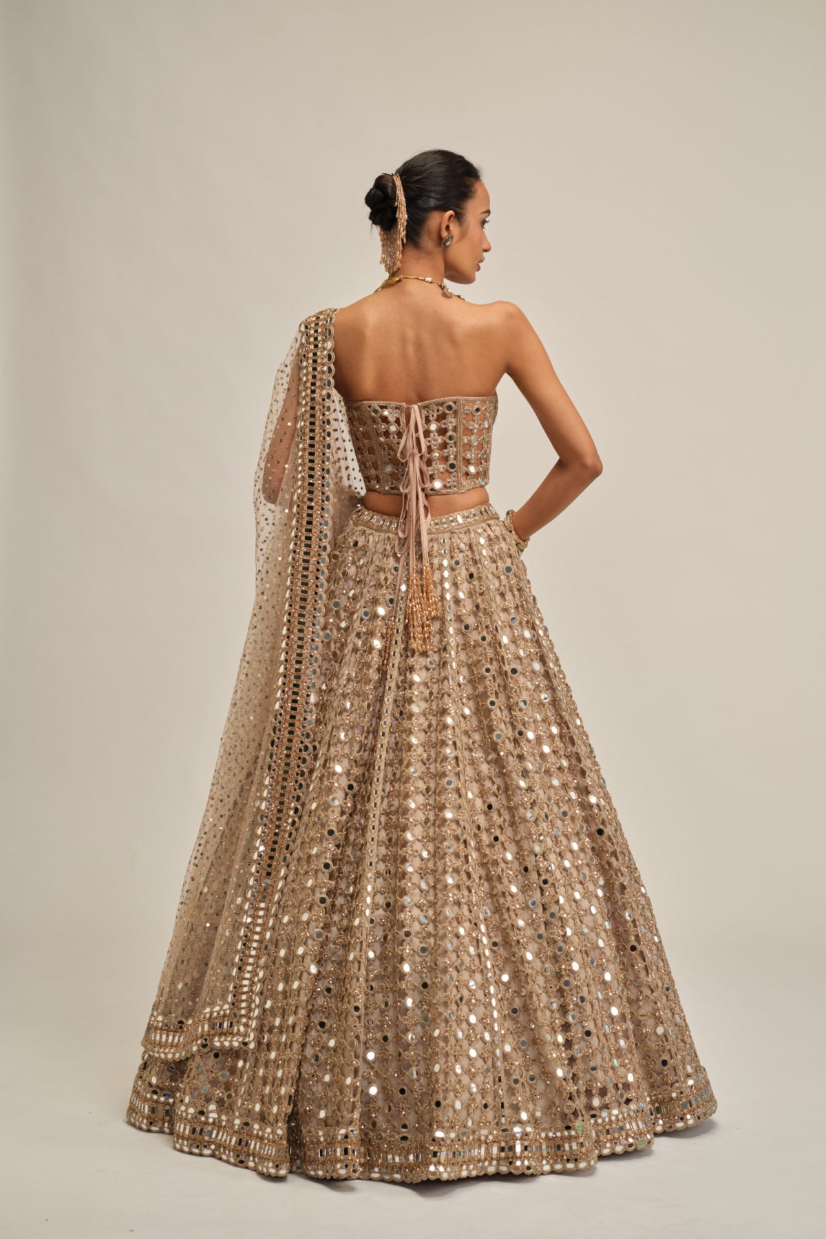 Light Beige Big Mirror Cutwork Lehenga With Corset Set