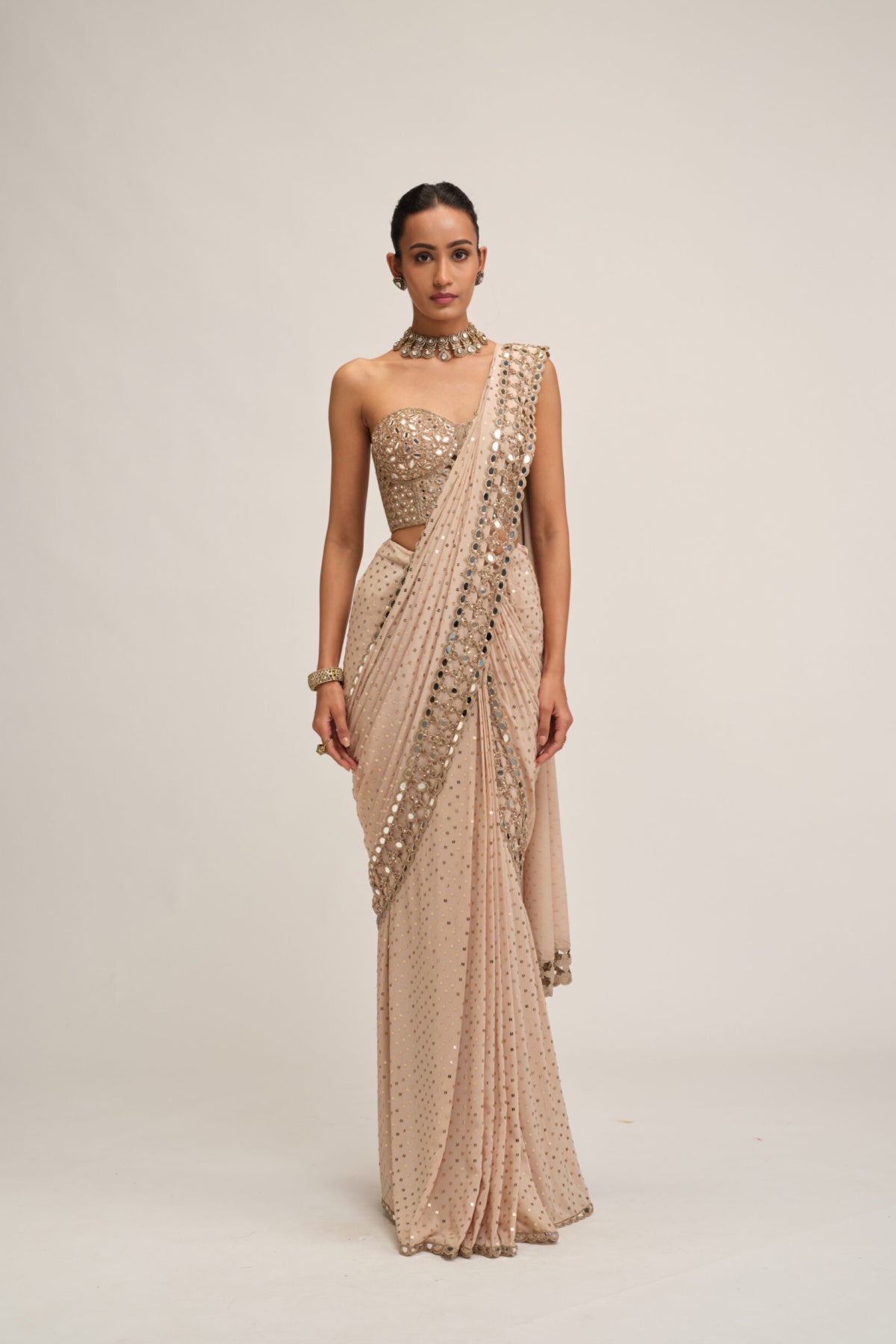 Light Beige Cutwork Border Saree Set