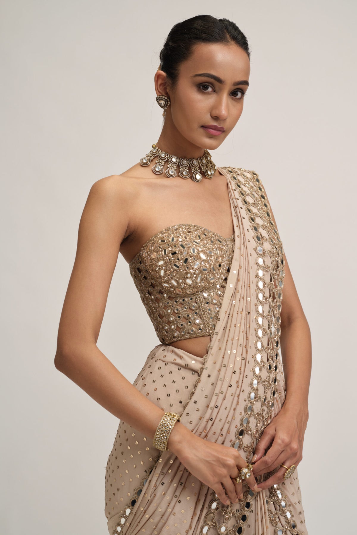 Light Beige Cutwork Border Saree Set