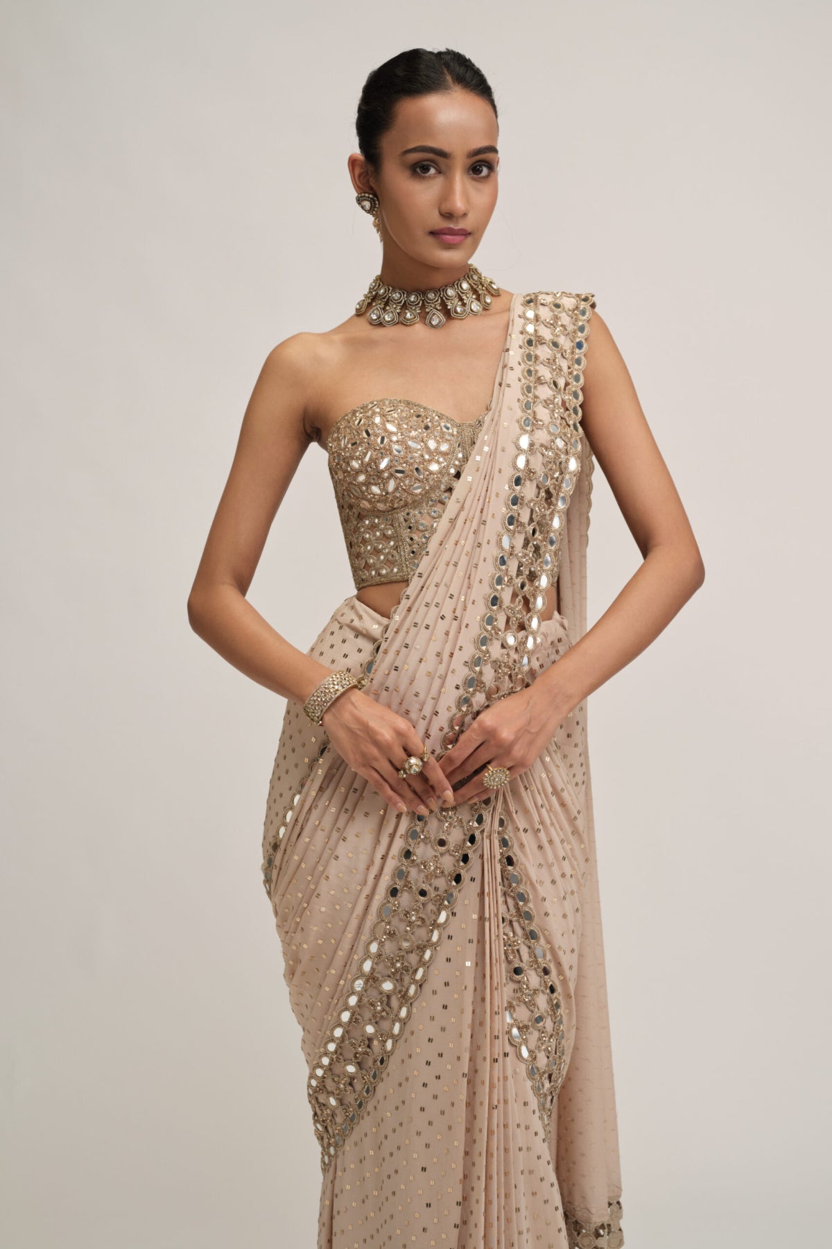 Light Beige Cutwork Border Saree Set