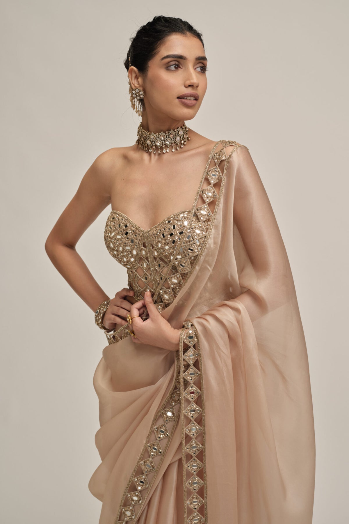 Light Beige Cutwork Border Saree With Corset Set