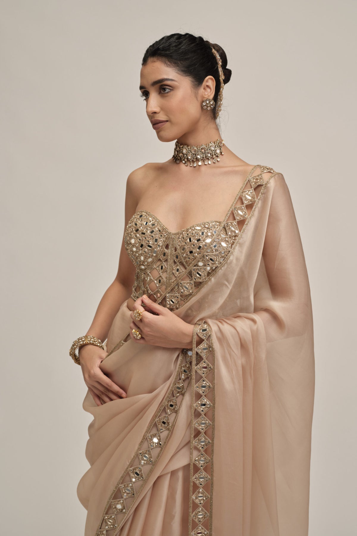 Light Beige Cutwork Border Saree With Corset Set