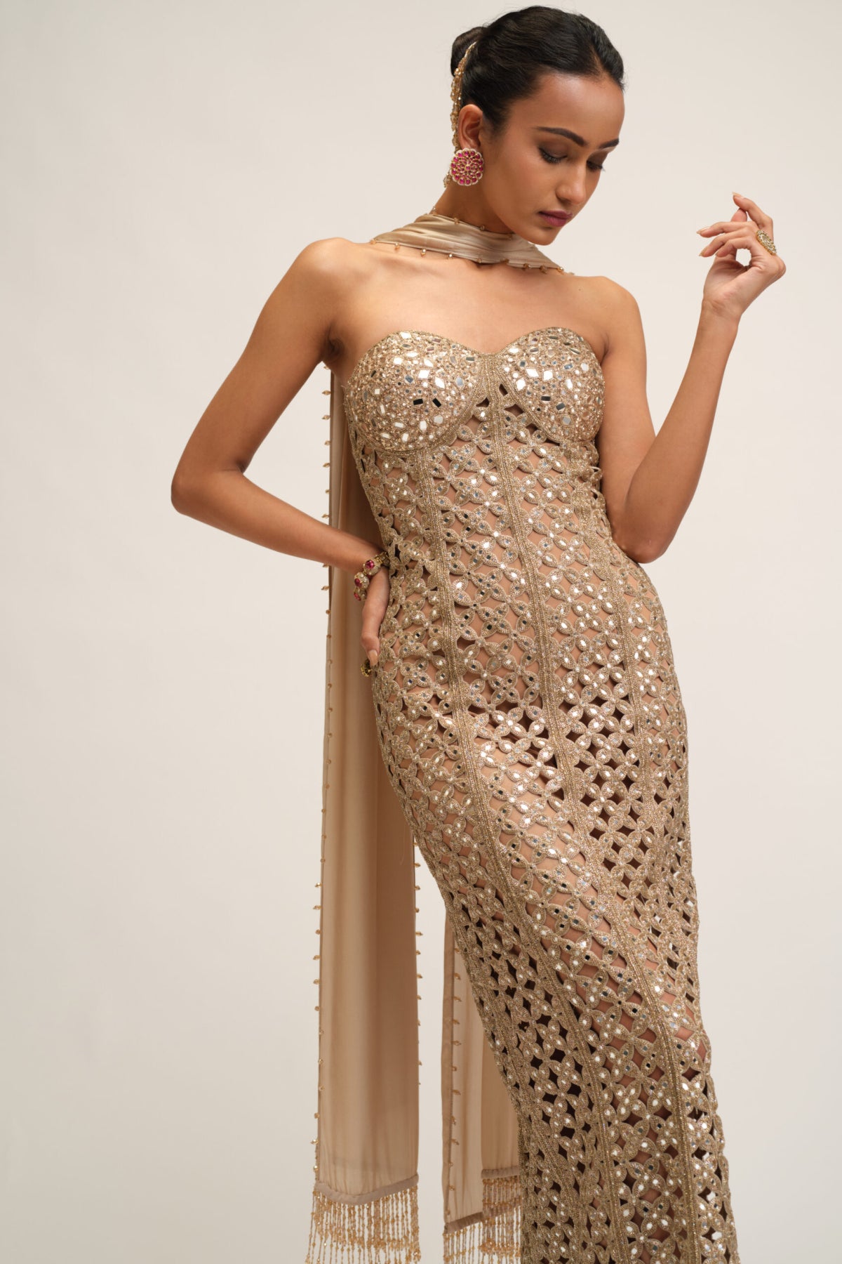 Light Beige Cutwork Dress Set