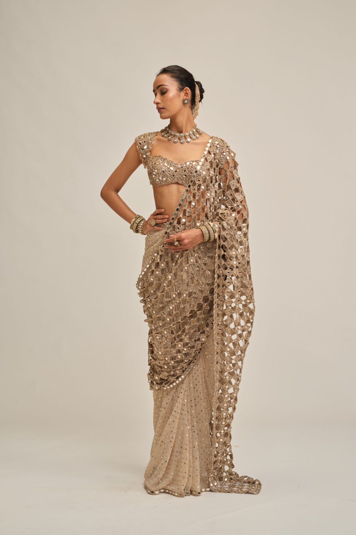 Light Beige Cutwork Pallu Saree Set