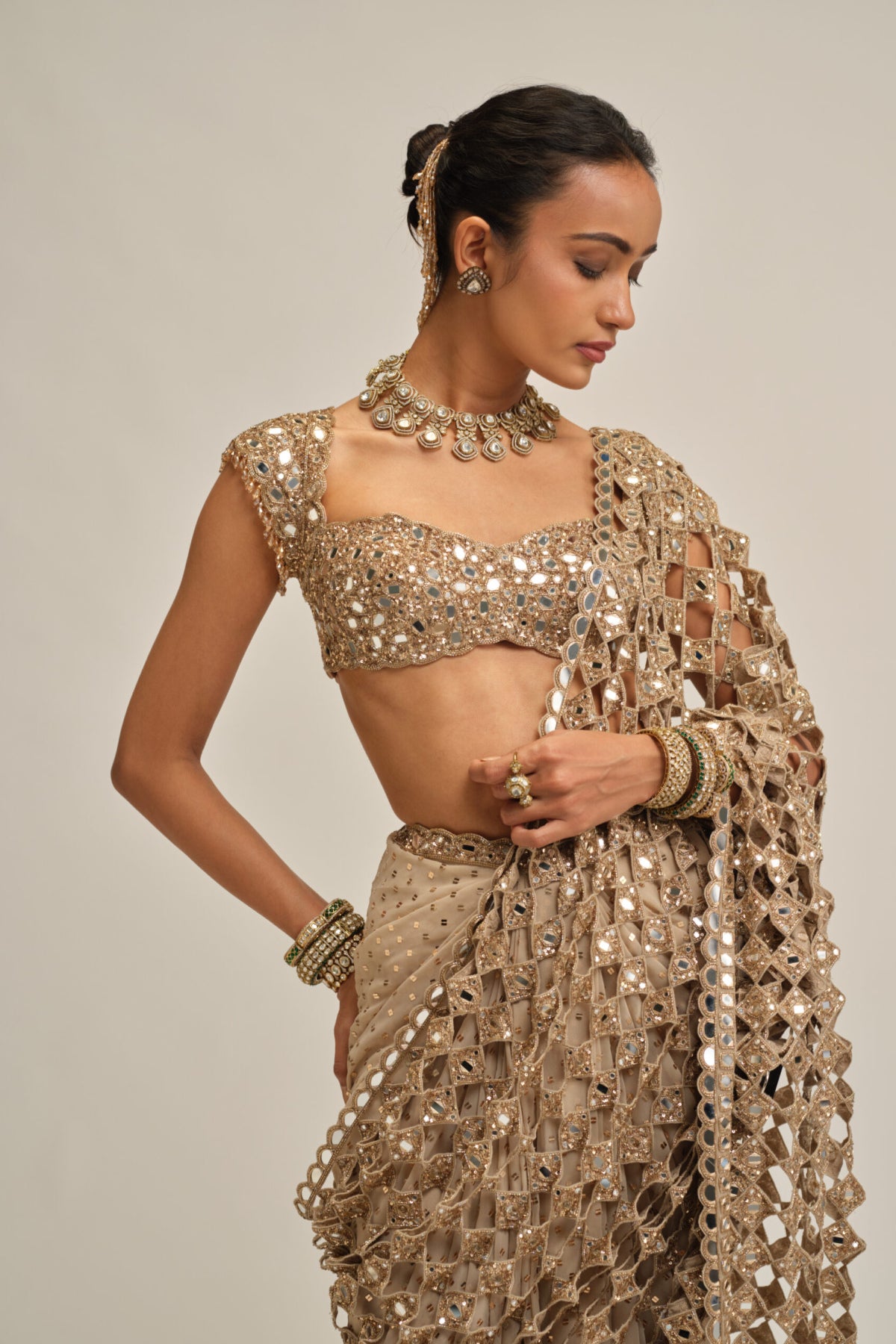 Light Beige Cutwork Pallu Saree Set