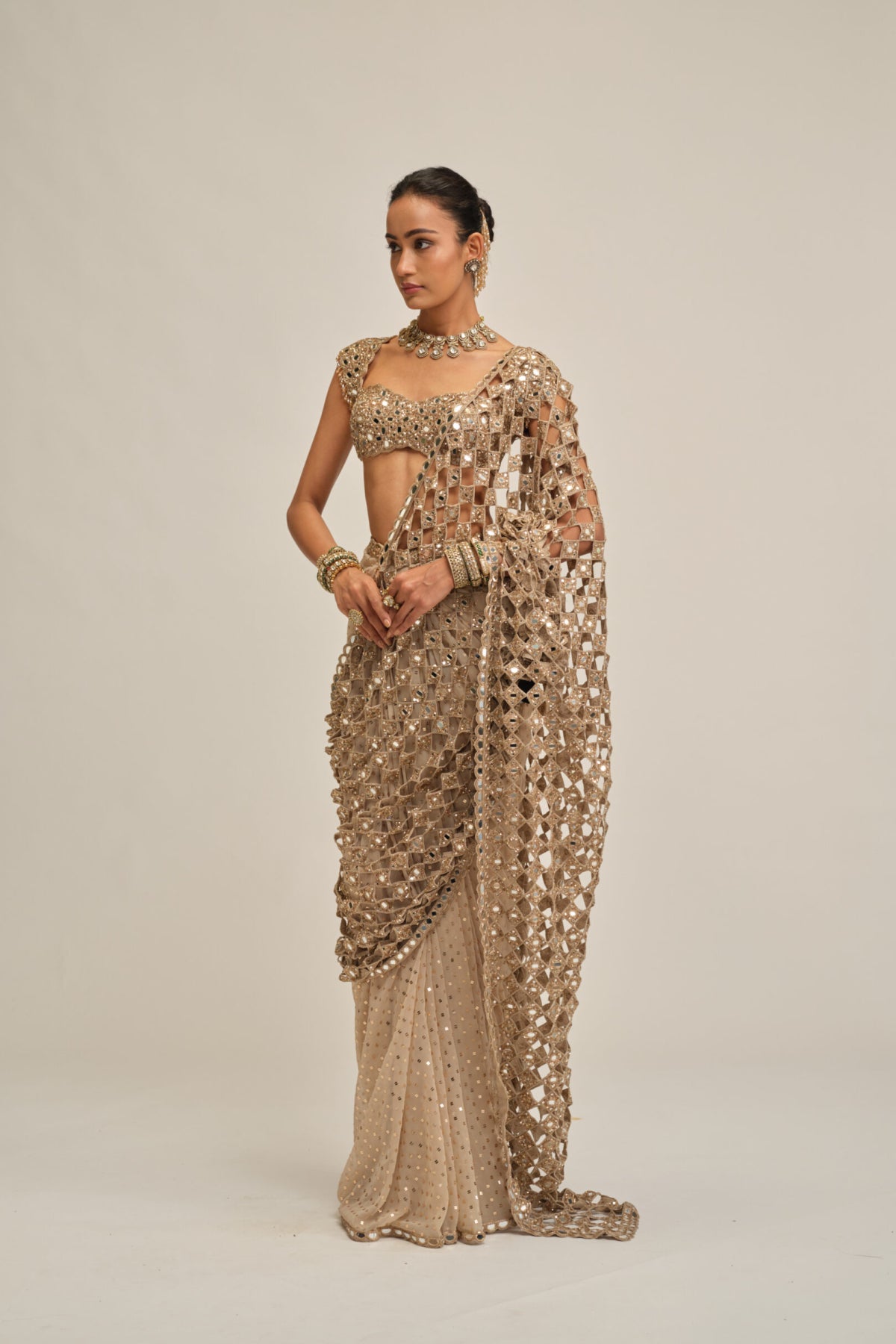Light Beige Cutwork Pallu Saree Set