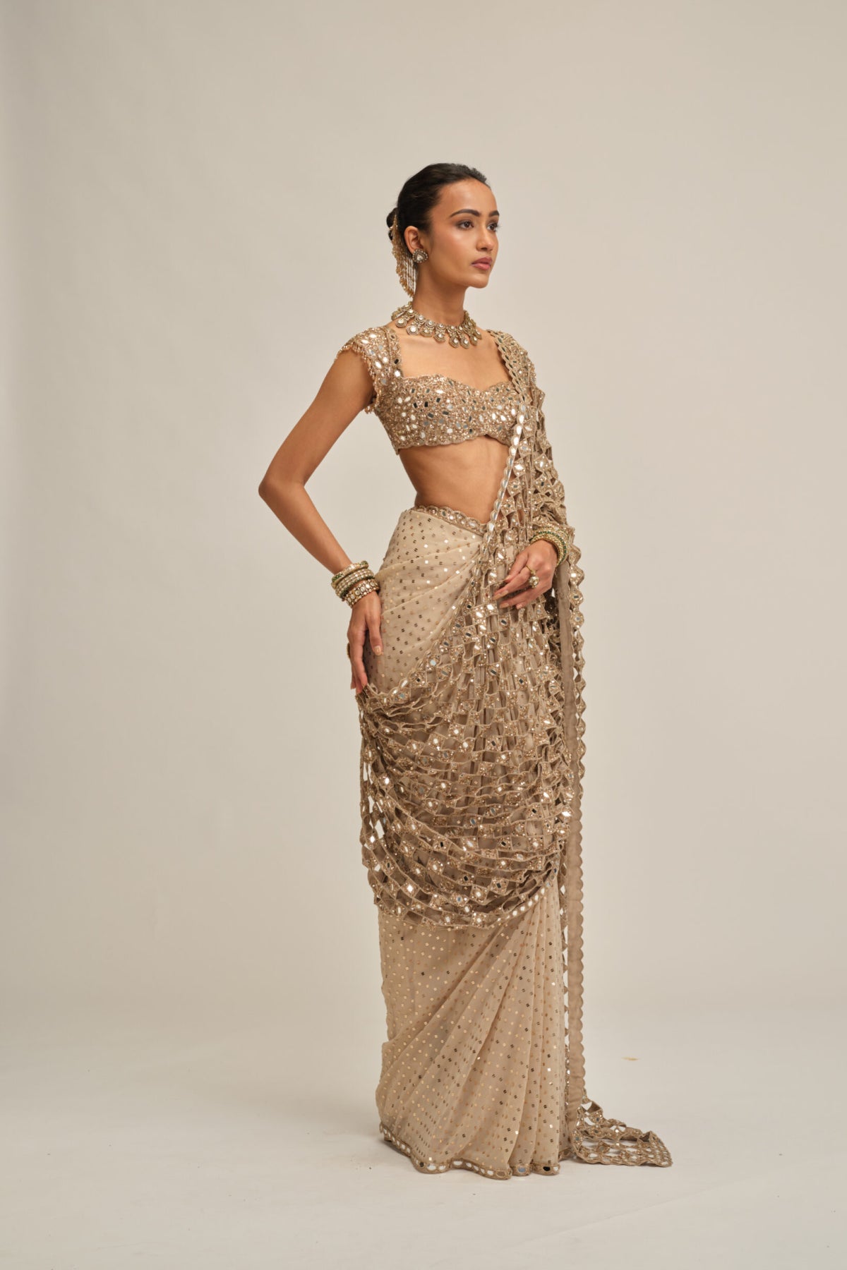 Light Beige Cutwork Pallu Saree Set