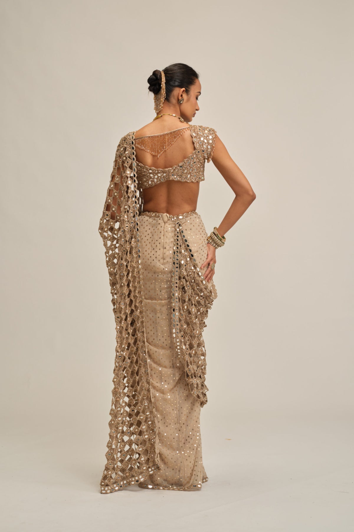 Light Beige Cutwork Pallu Saree Set