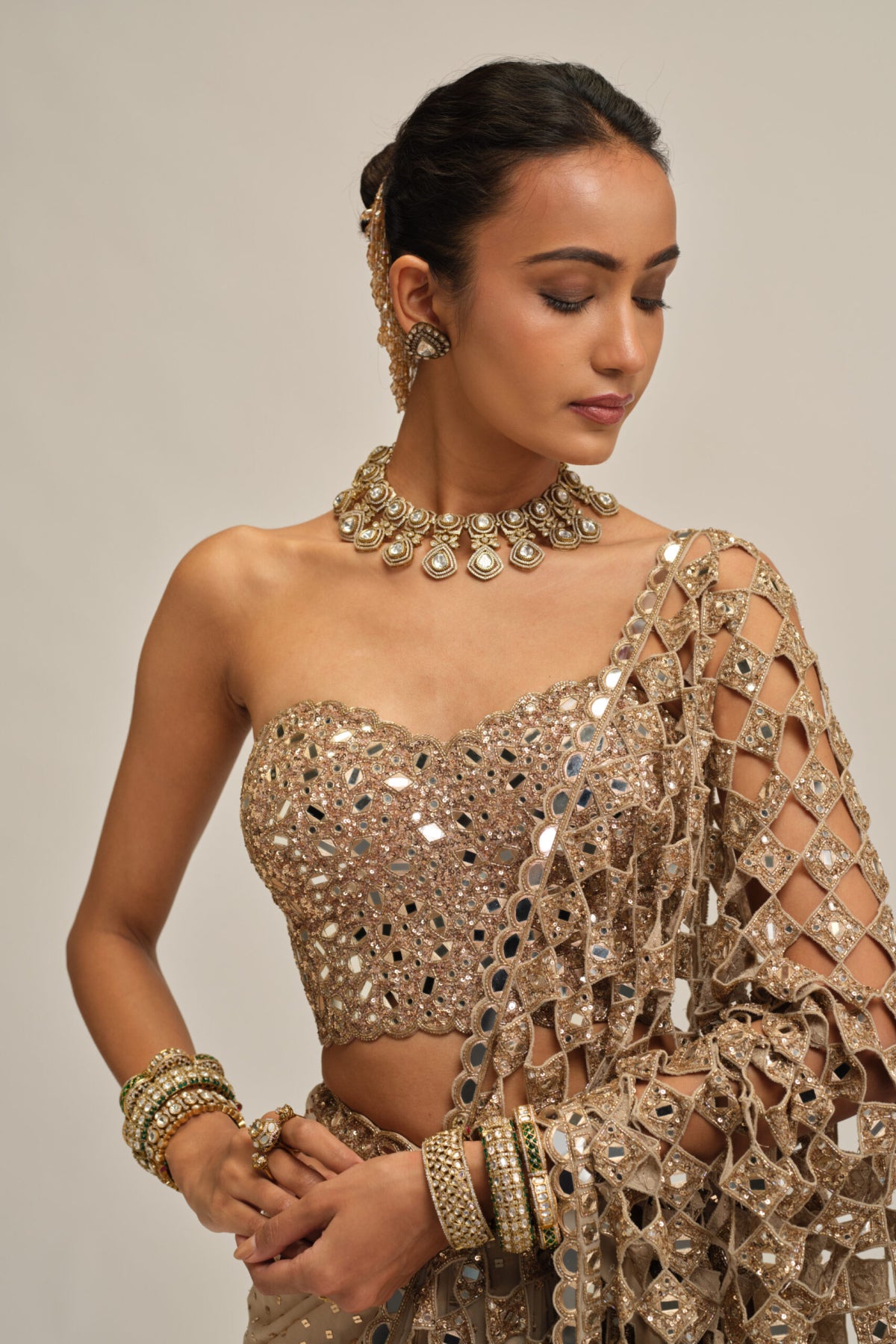 Light Beige Cutwork Pallu Saree With Corset Set