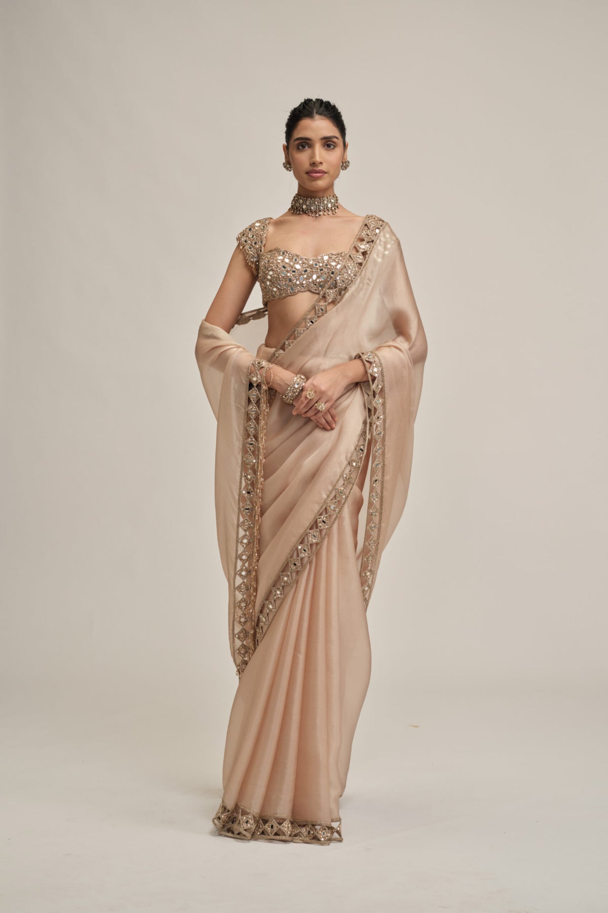 Light Beige Diamond Cutwork Border Saree Set