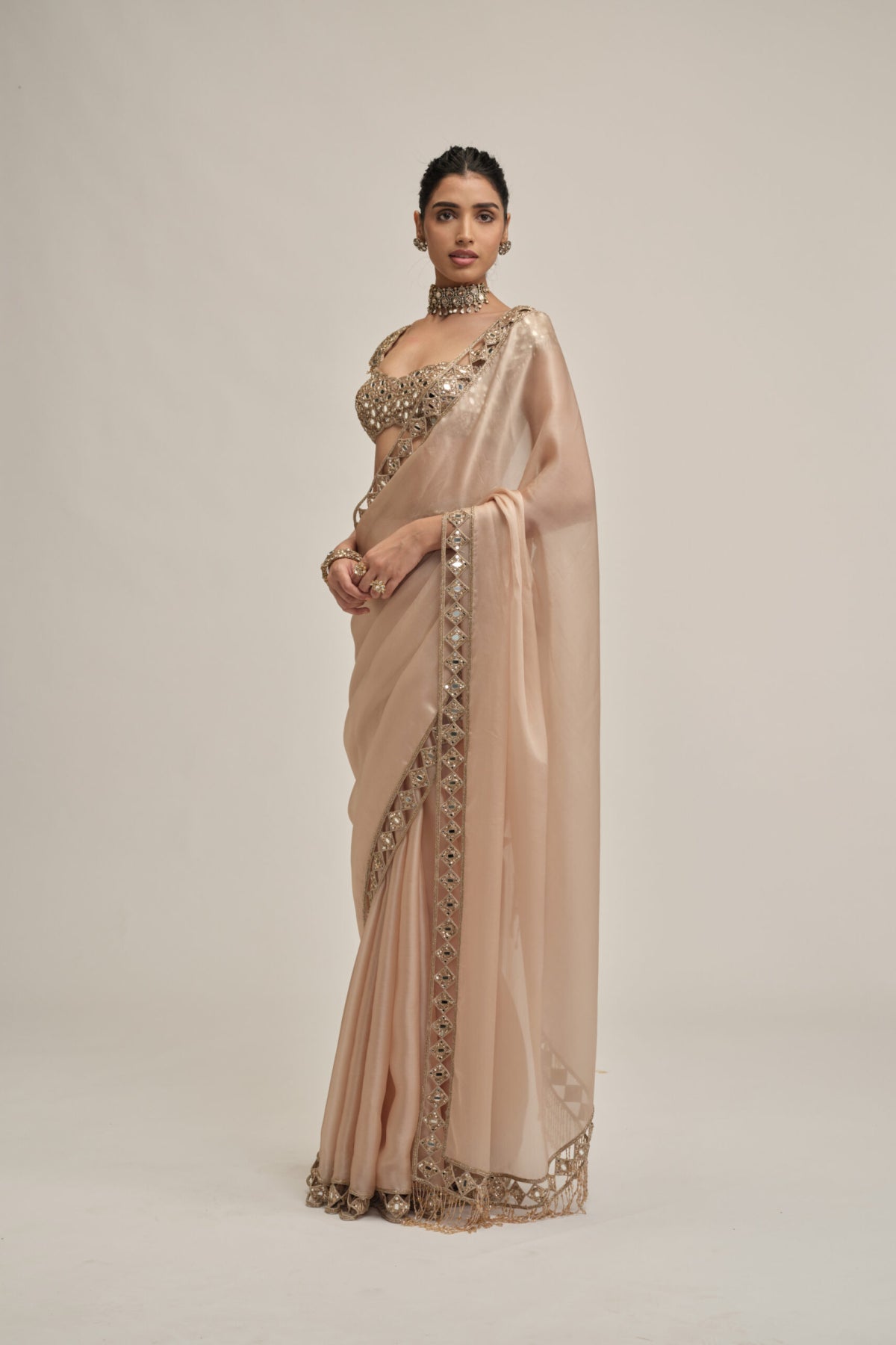 Light Beige Diamond Cutwork Border Saree Set