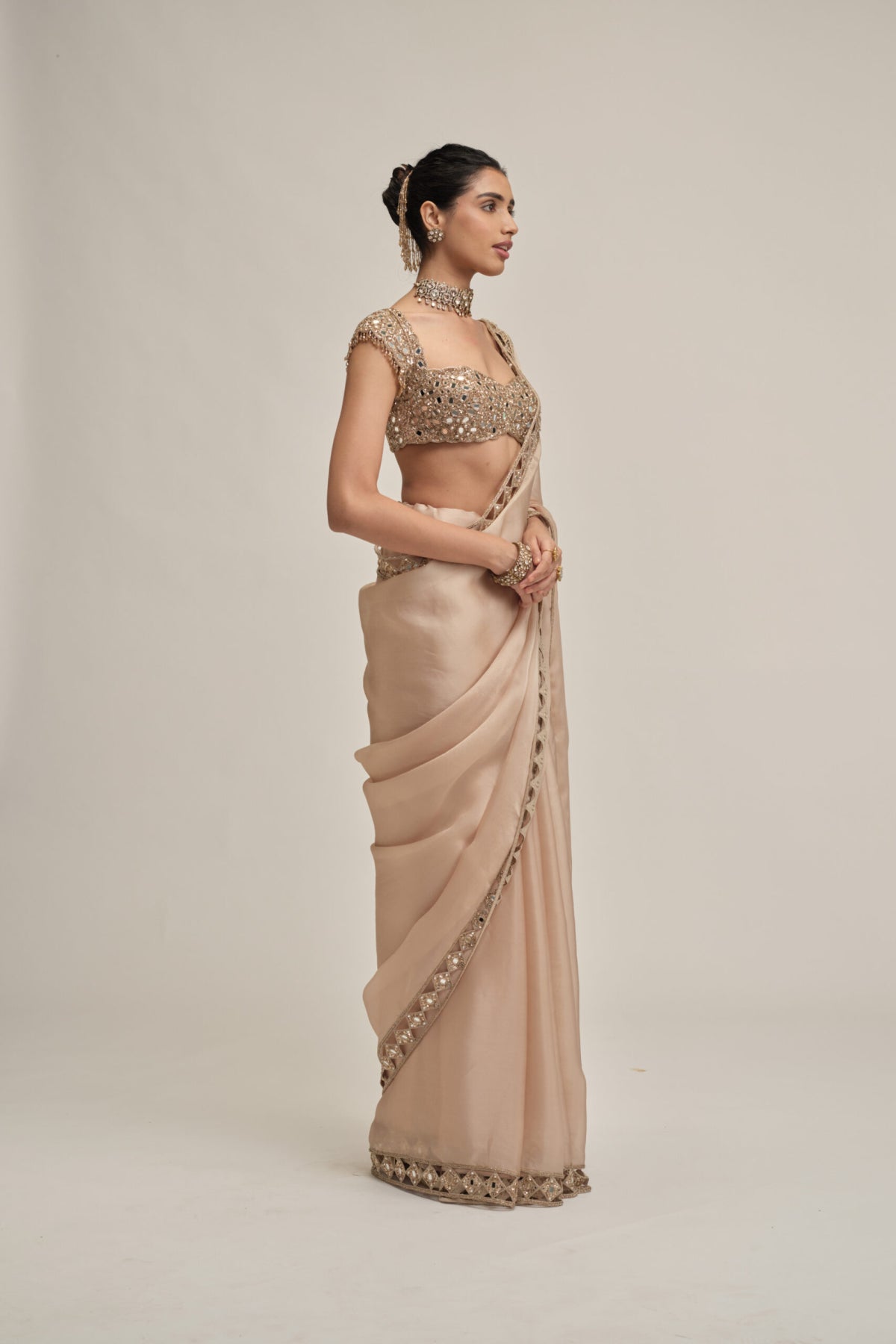 Light Beige Diamond Cutwork Border Saree Set