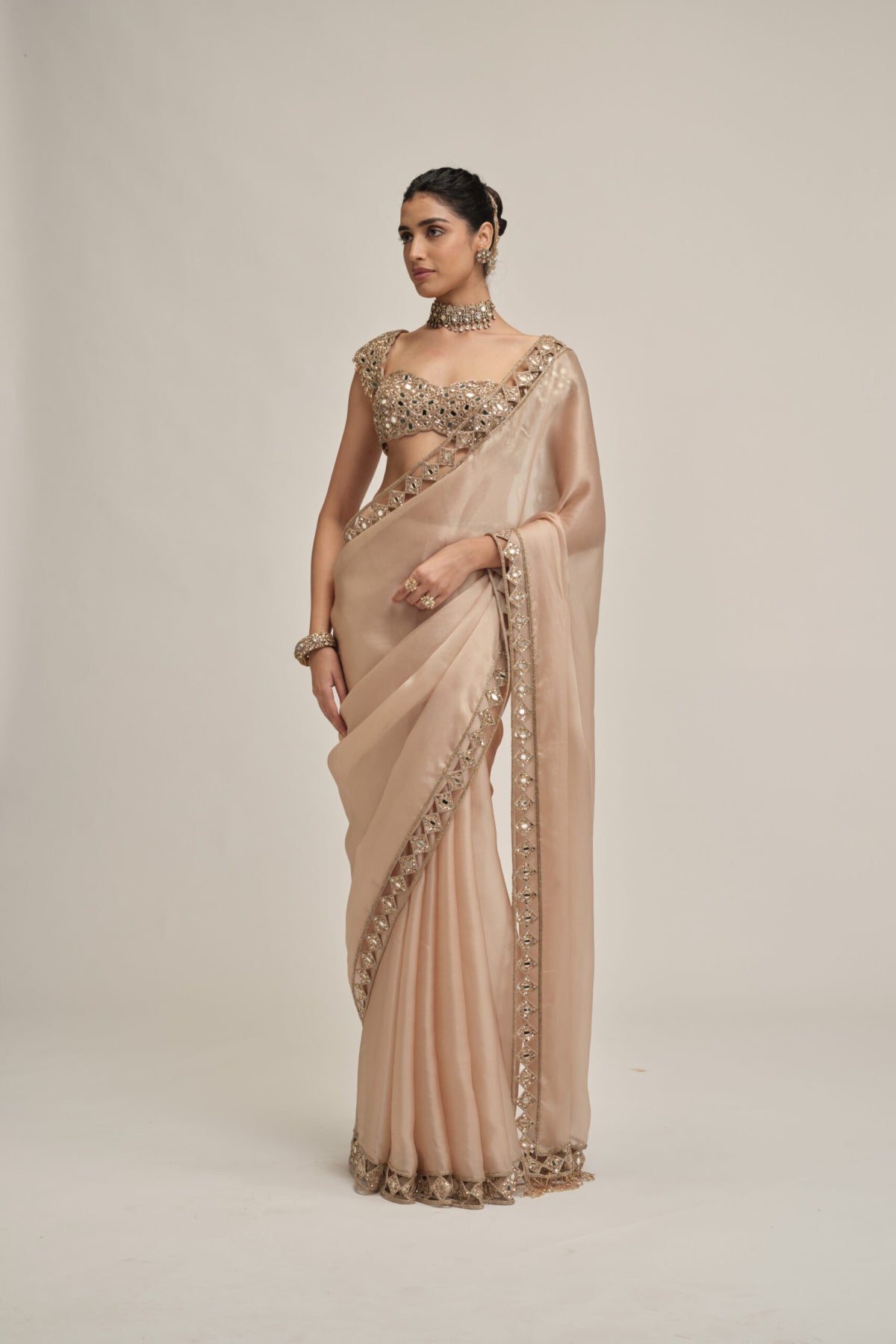 Light Beige Diamond Cutwork Border Saree Set