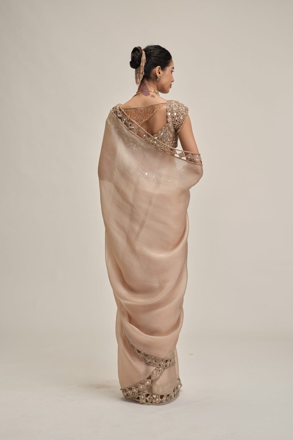 Light Beige Diamond Cutwork Border Saree Set