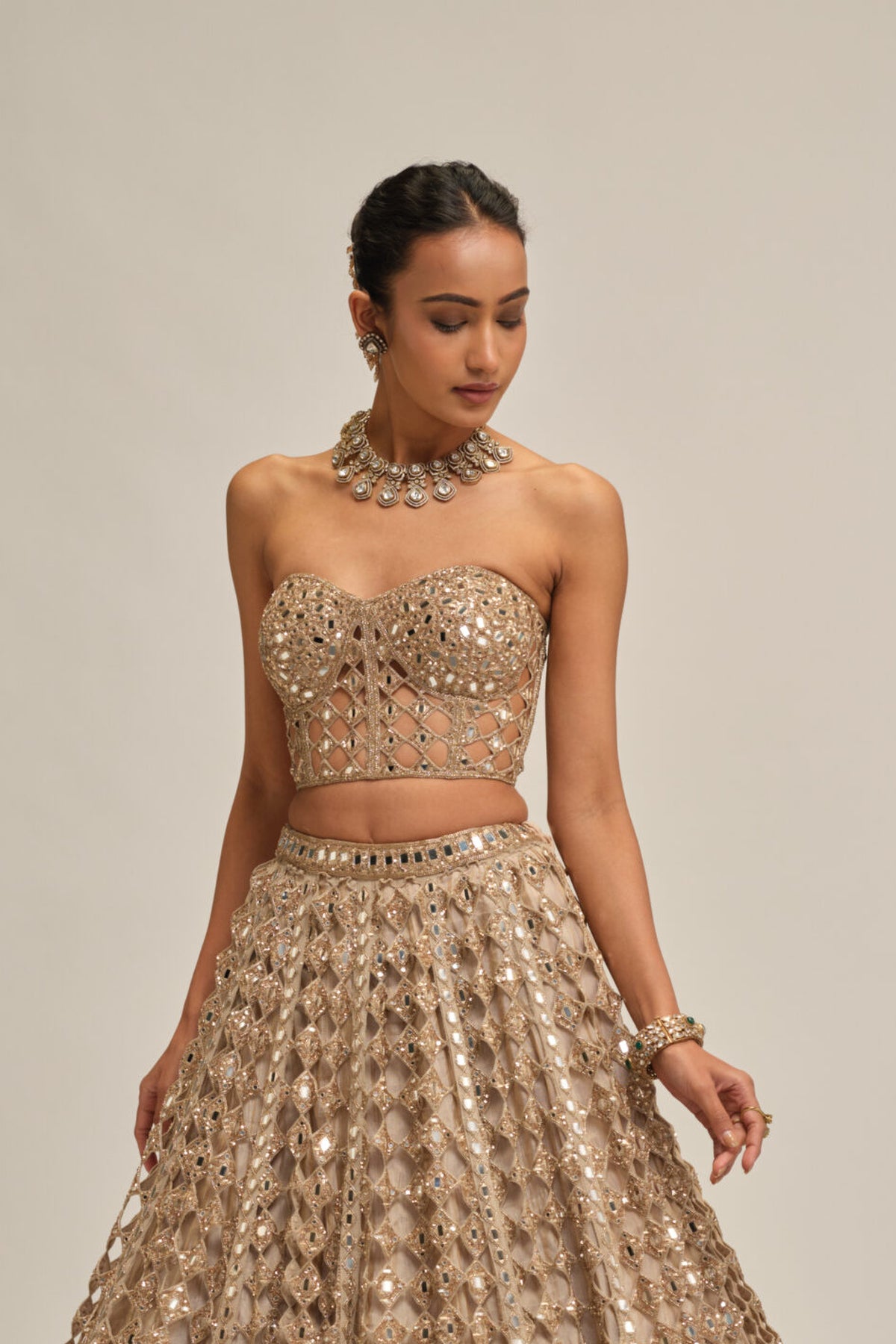 Light Beige Diamond Mirror Cutwork Crop Top Skirt Set