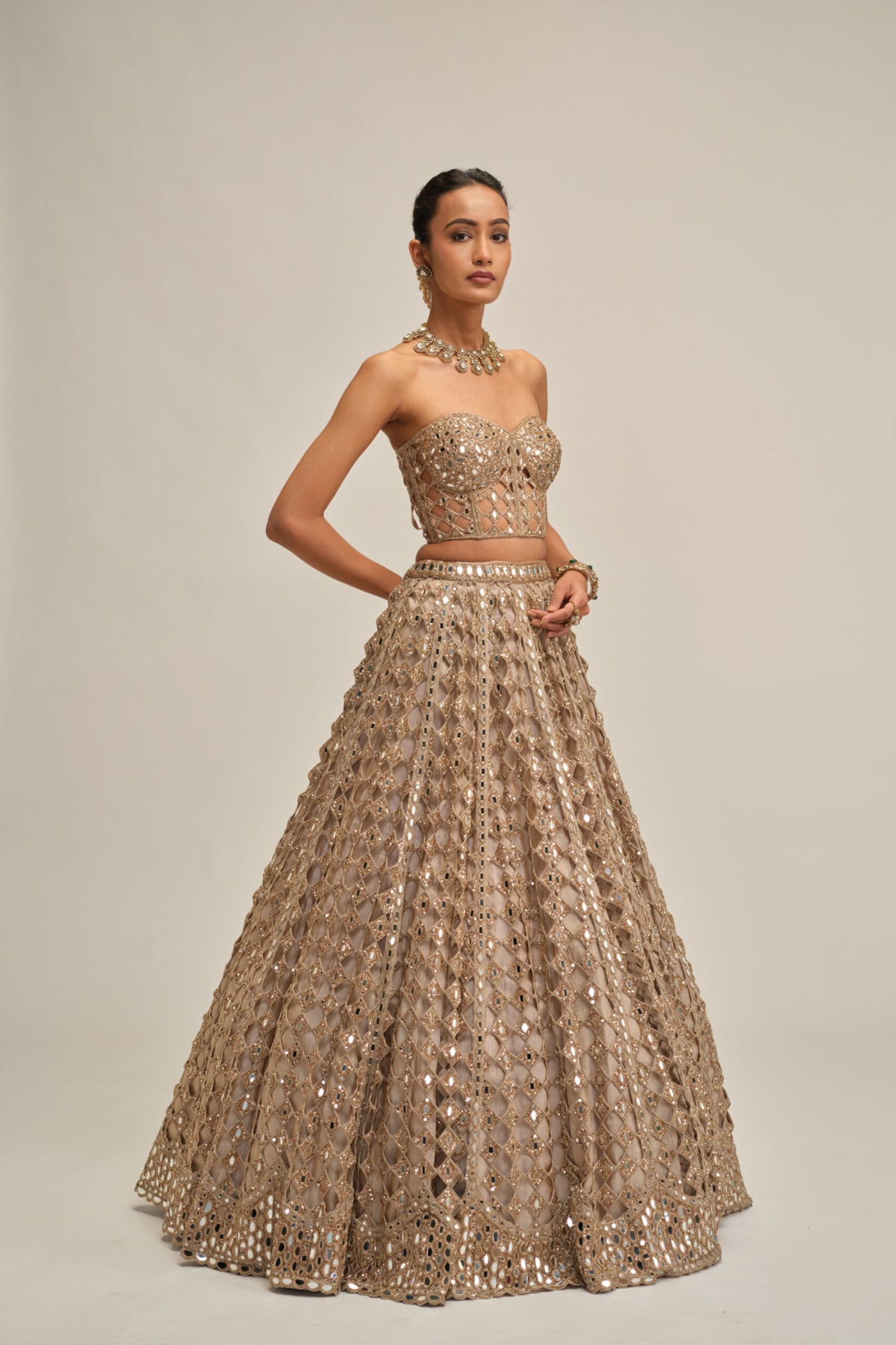 Light Beige Diamond Mirror Cutwork Crop Top Skirt Set