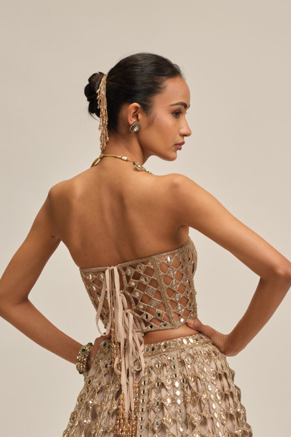 Light Beige Diamond Mirror Cutwork Crop Top Skirt Set