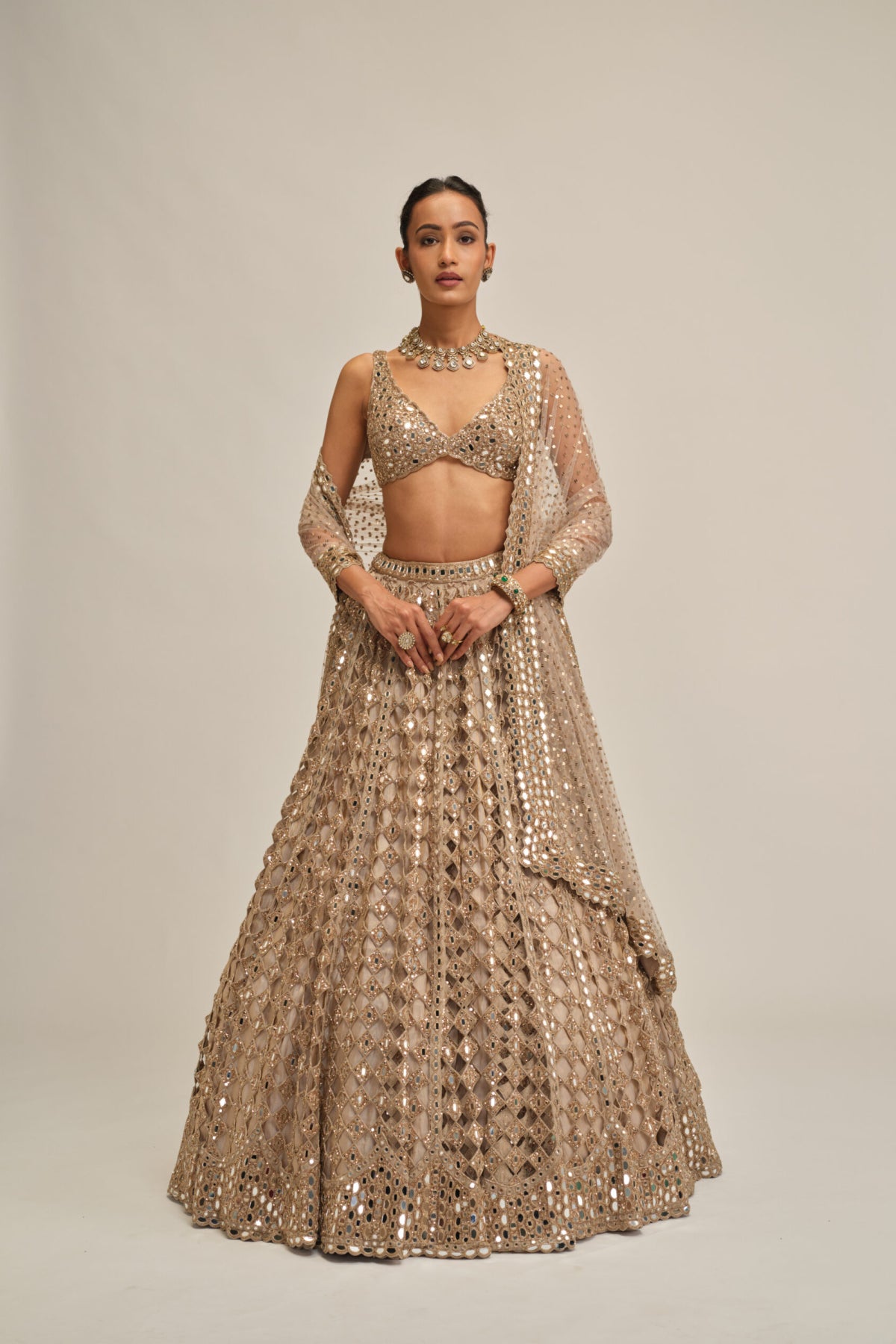 Light Beige Diamond Mirror Cutwork Lehenga Set