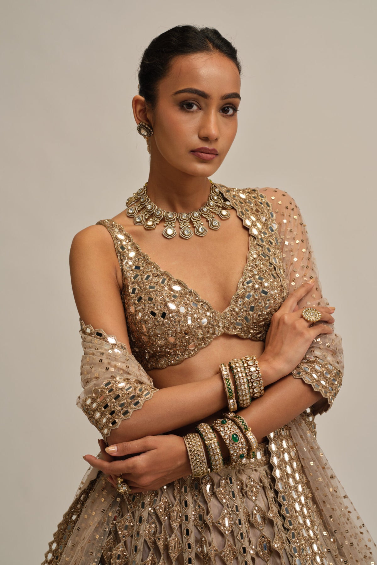 Light Beige Diamond Mirror Cutwork Lehenga Set