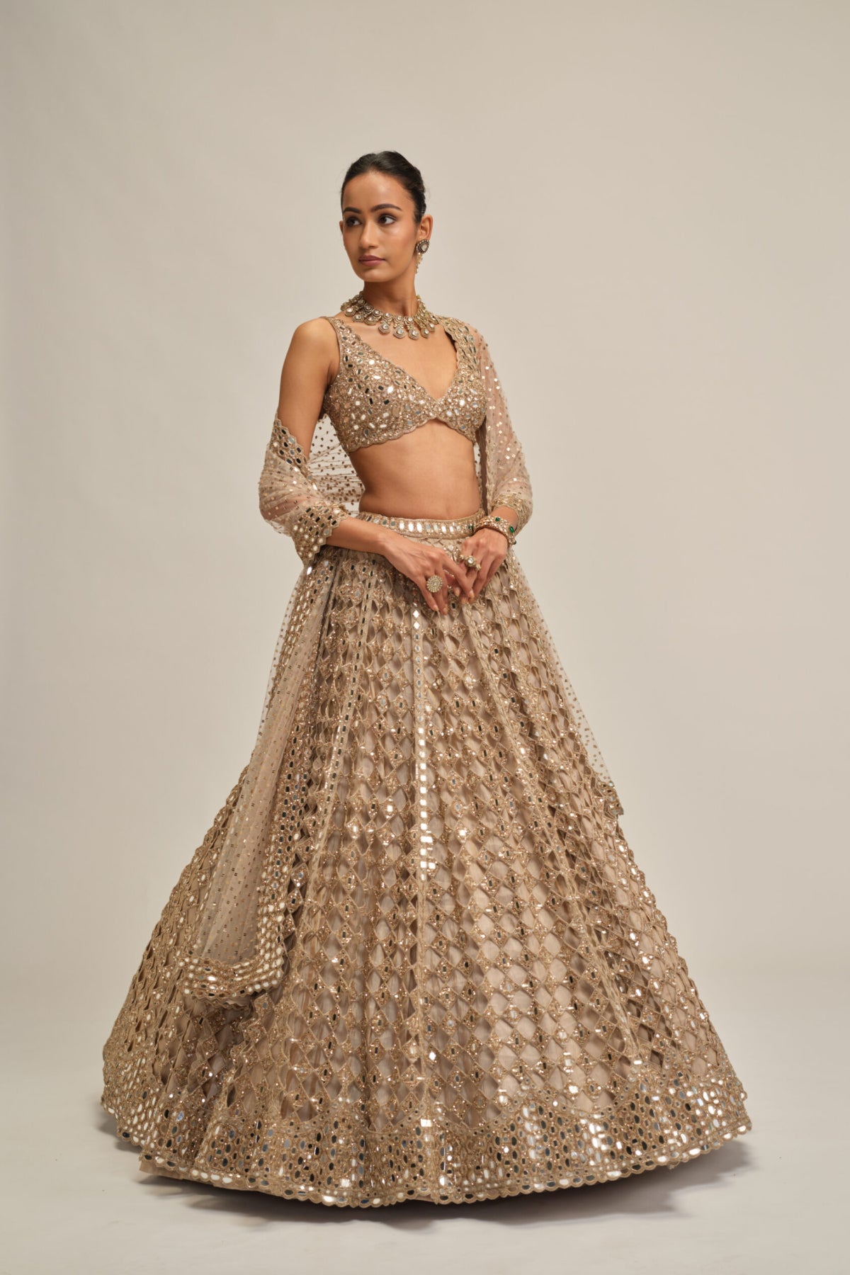 Light Beige Diamond Mirror Cutwork Lehenga Set
