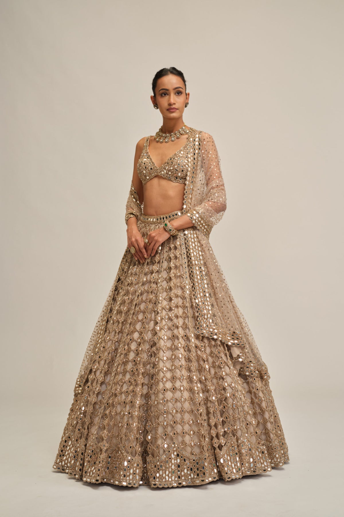 Light Beige Diamond Mirror Cutwork Lehenga Set