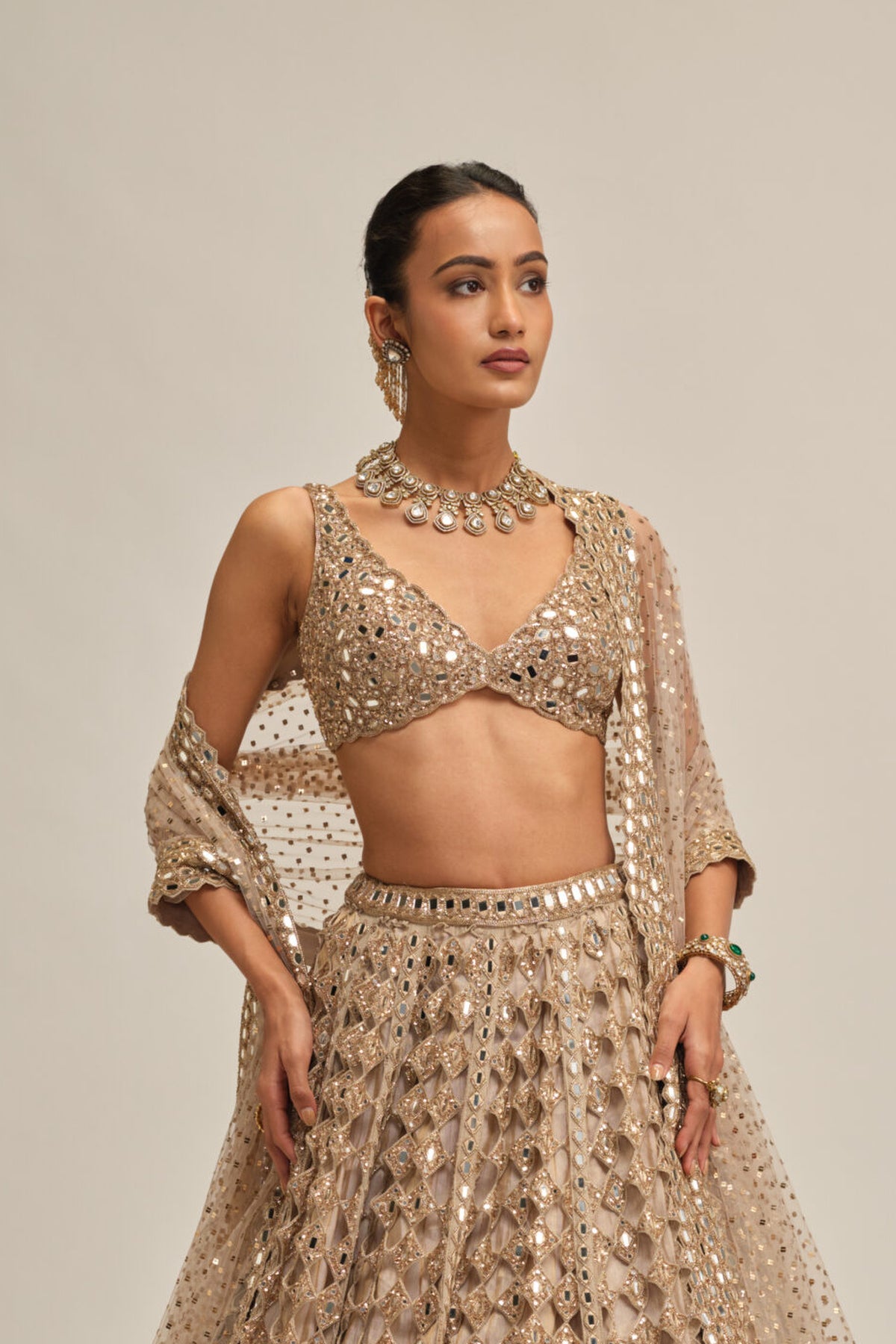 Light Beige Diamond Mirror Cutwork Lehenga Set