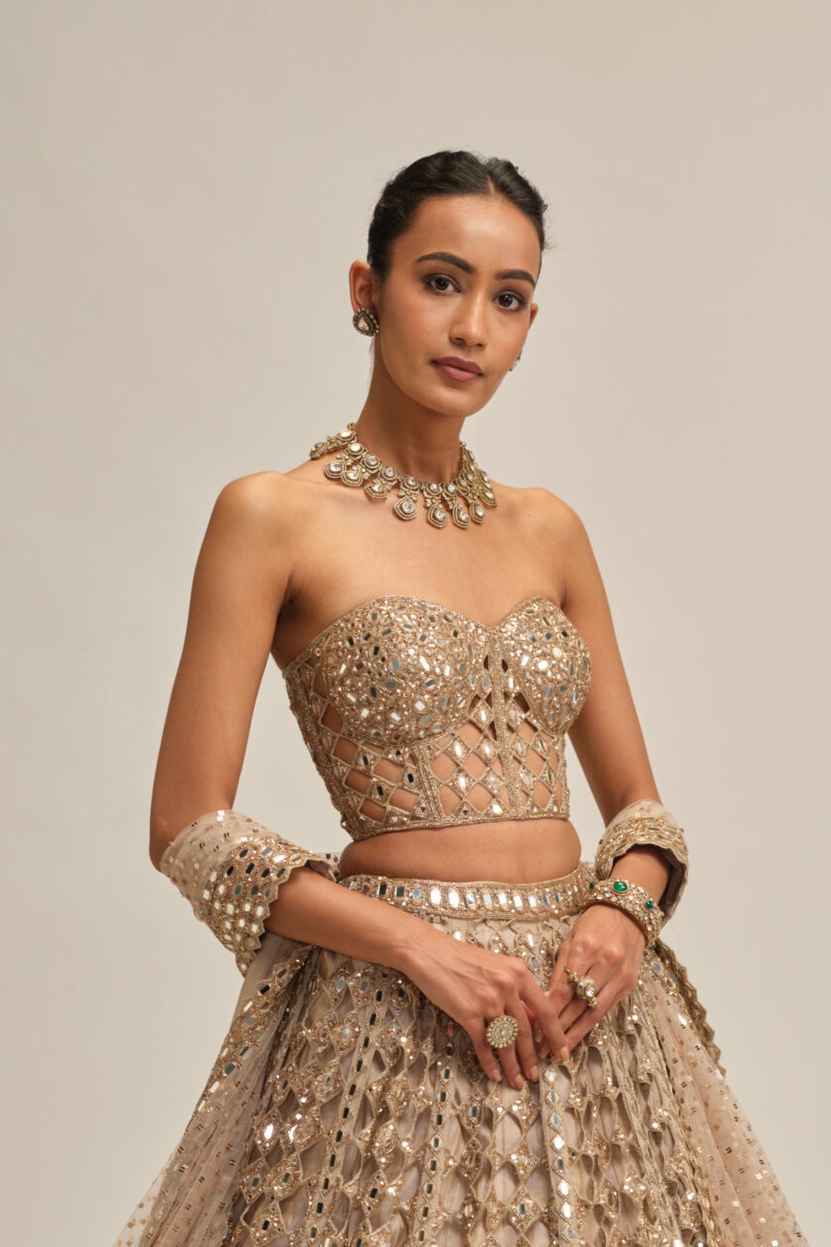 Light Beige Diamond Mirror Cutwork Lehenga With Corset Set