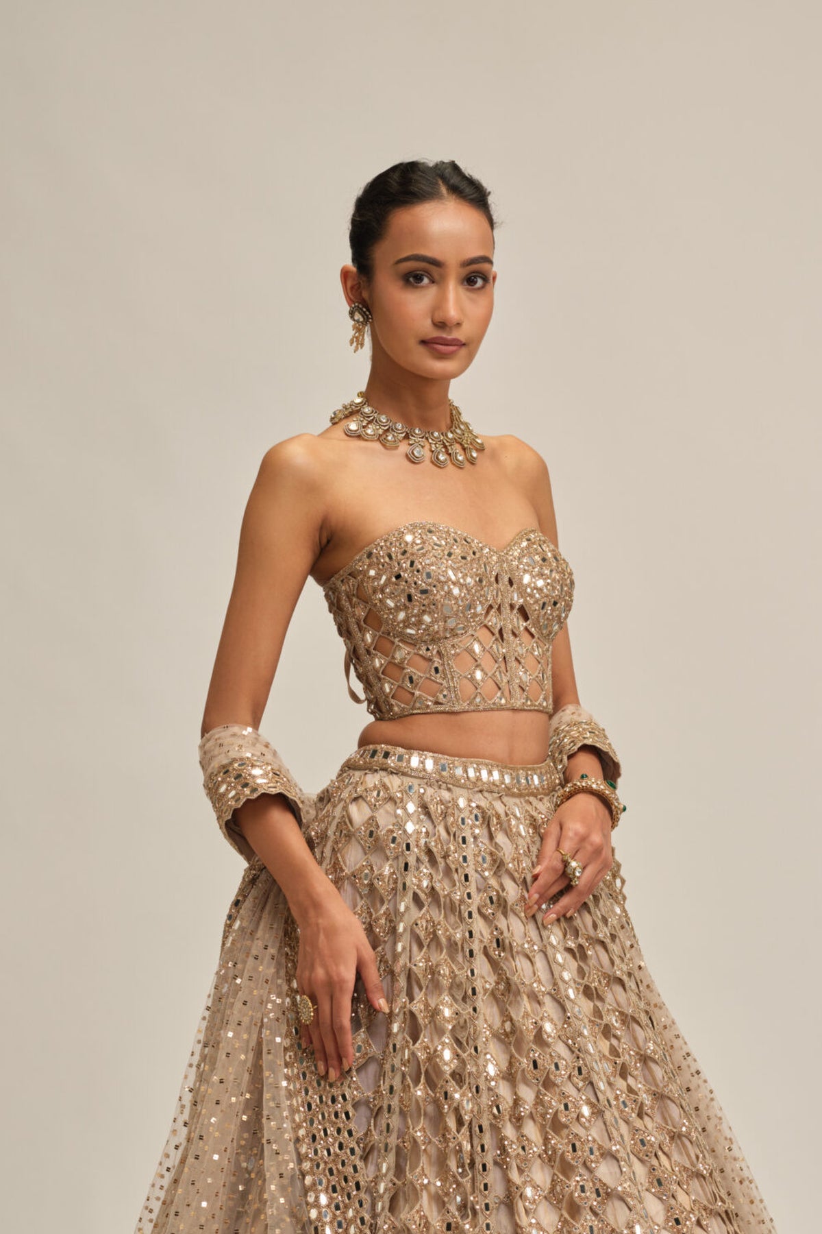 Light Beige Diamond Mirror Cutwork Lehenga With Corset Set