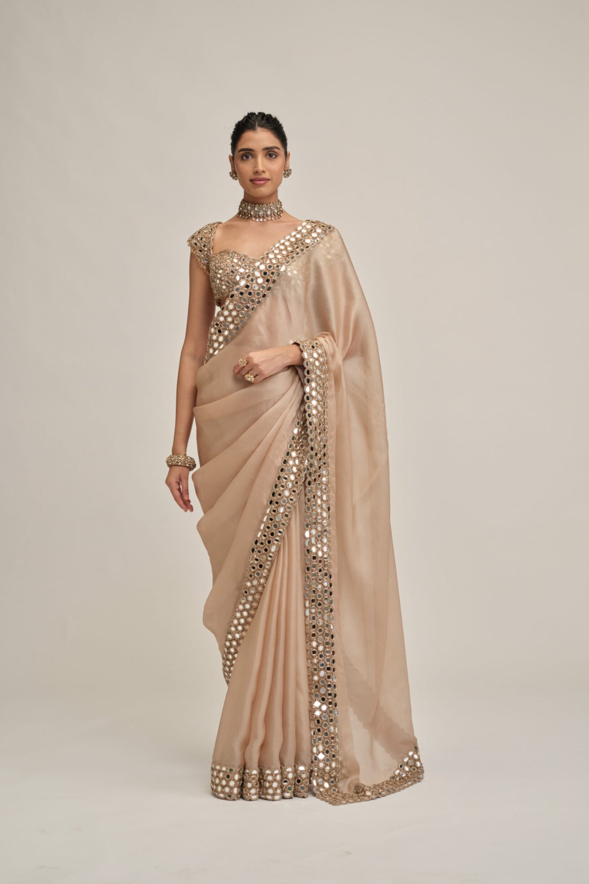 Light Beige Mirror Border Saree Set