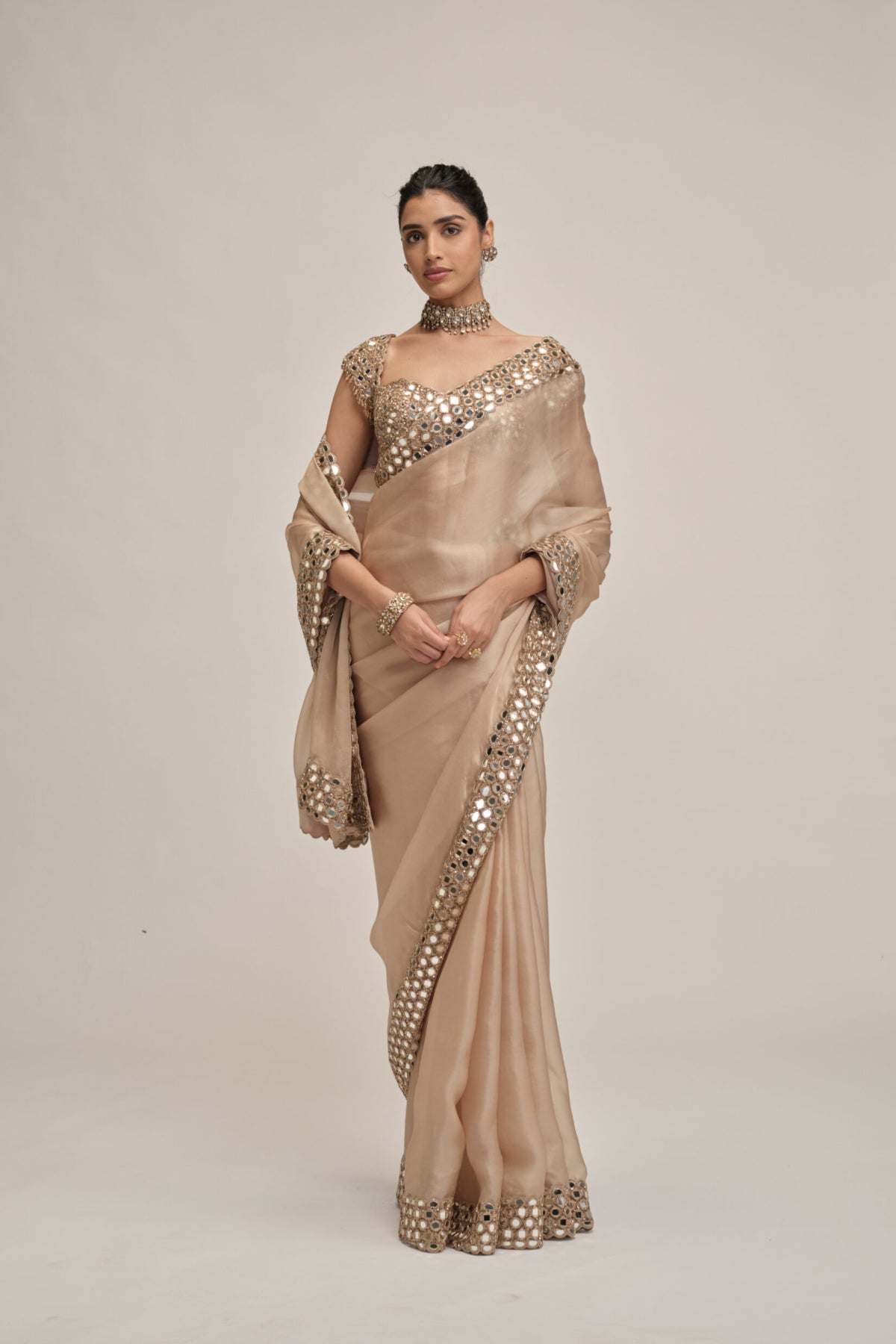 Light Beige Mirror Border Saree Set