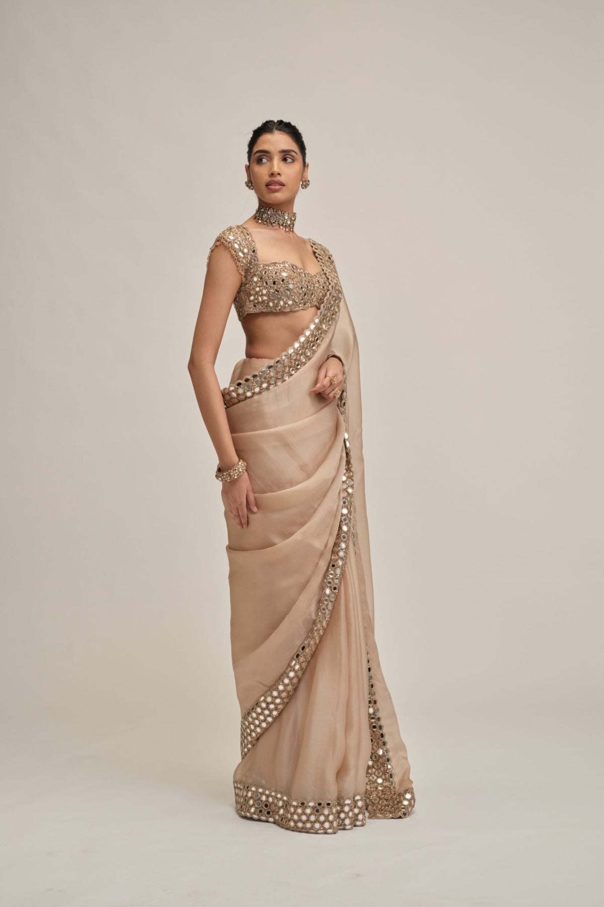 Light Beige Mirror Border Saree Set