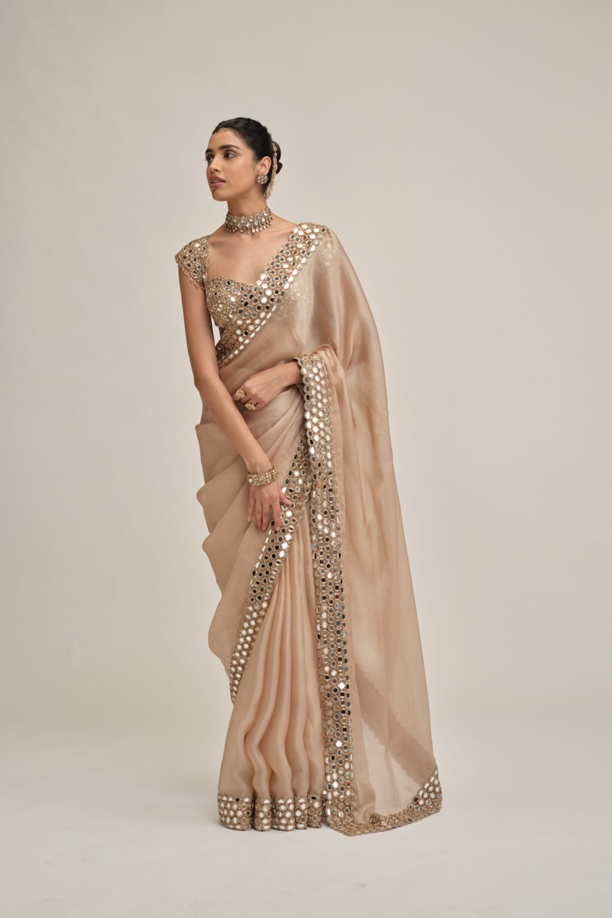 Light Beige Mirror Border Saree Set