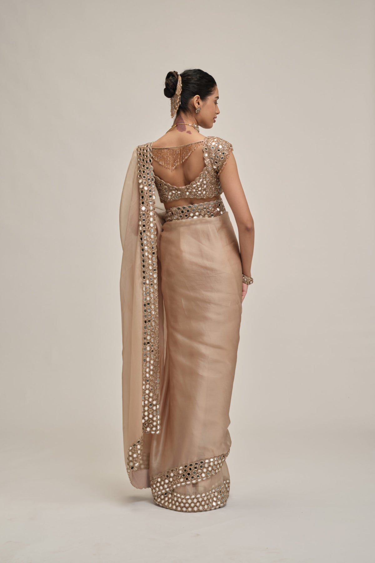 Light Beige Mirror Border Saree Set