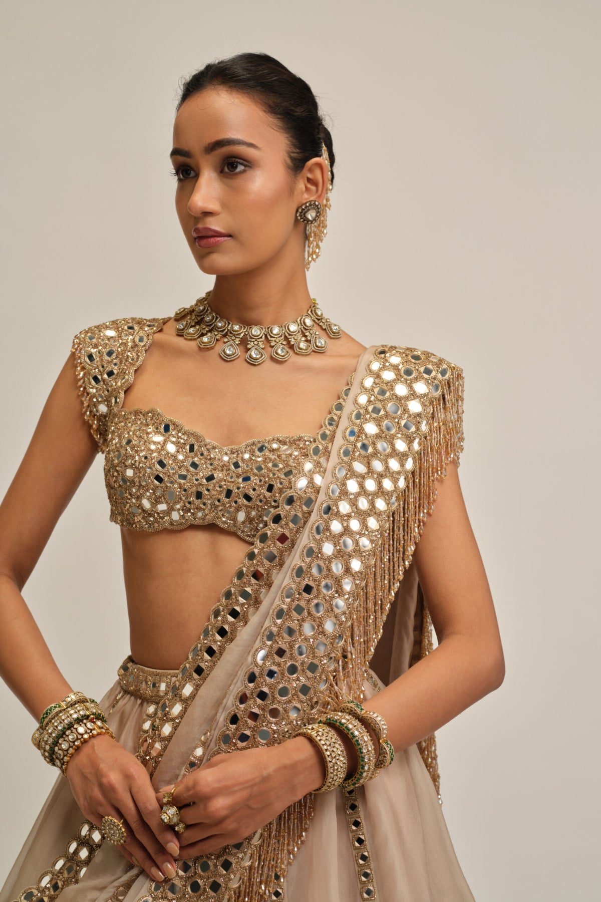 Light Beige Mirror Linear Embroiderd Lehenga Set