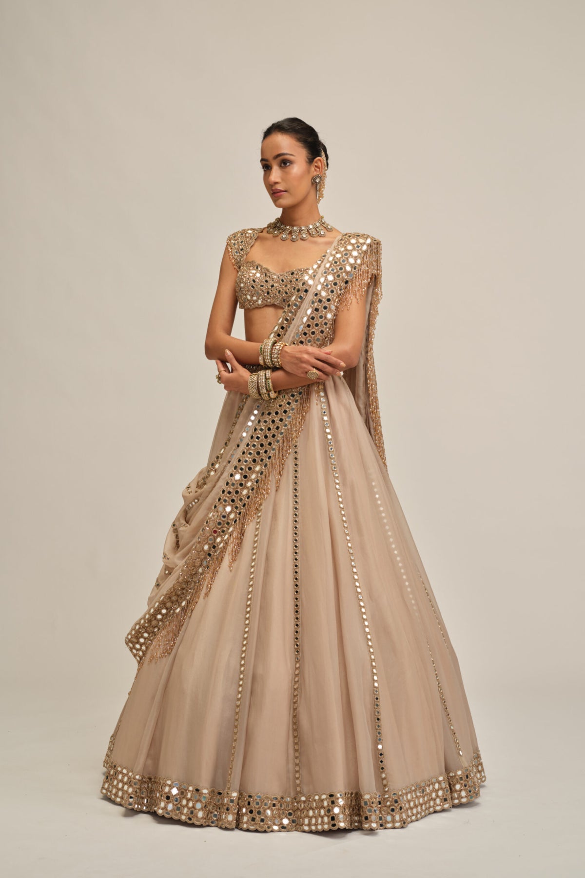 Light Beige Mirror Linear Embroiderd Lehenga Set