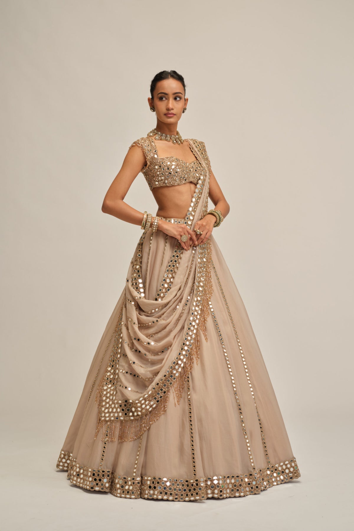 Light Beige Mirror Linear Embroiderd Lehenga Set