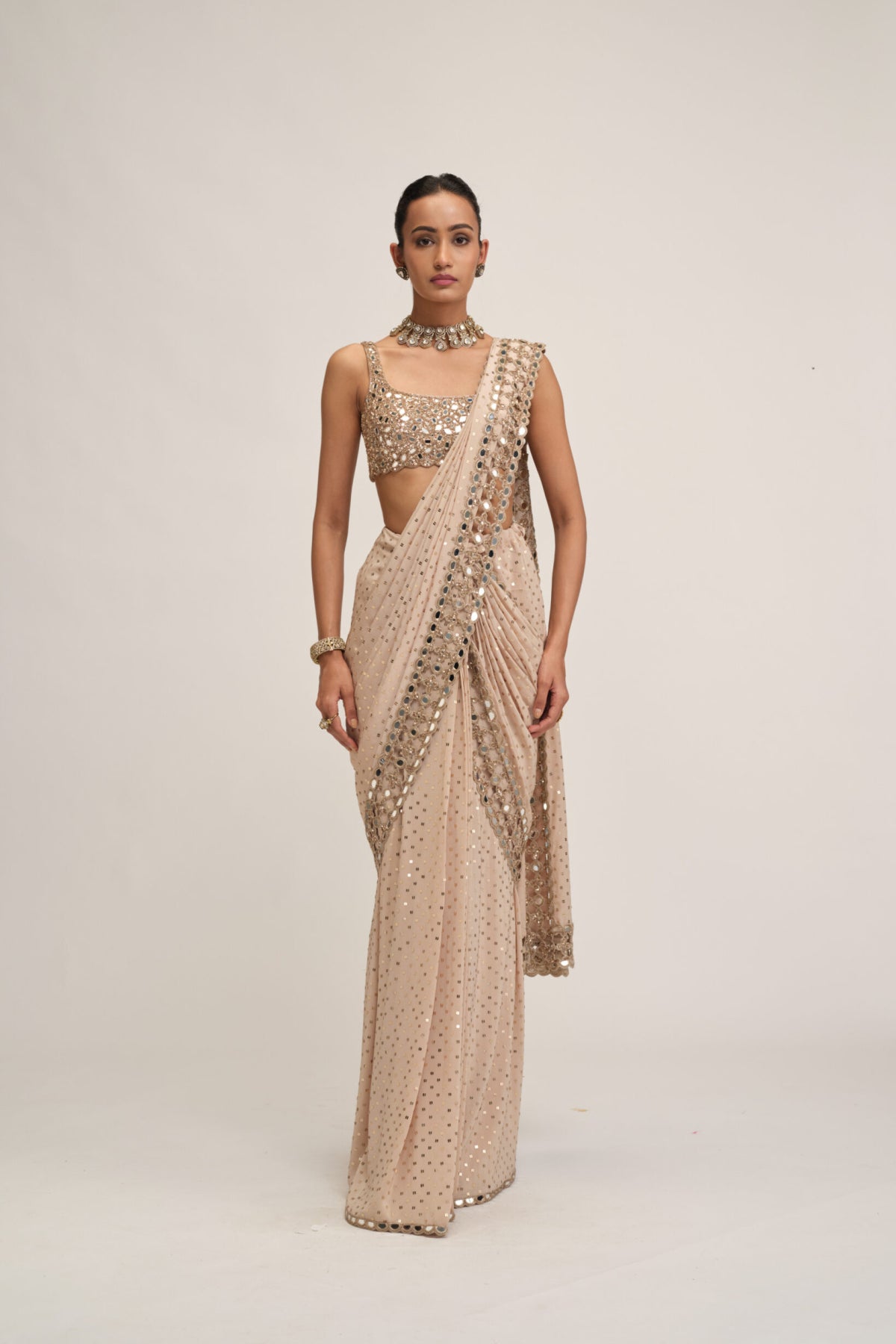 Light Beige Round Neck Cutwork Border Saree Set
