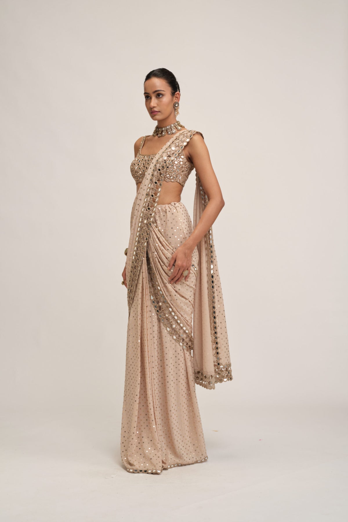 Light Beige Round Neck Cutwork Border Saree Set