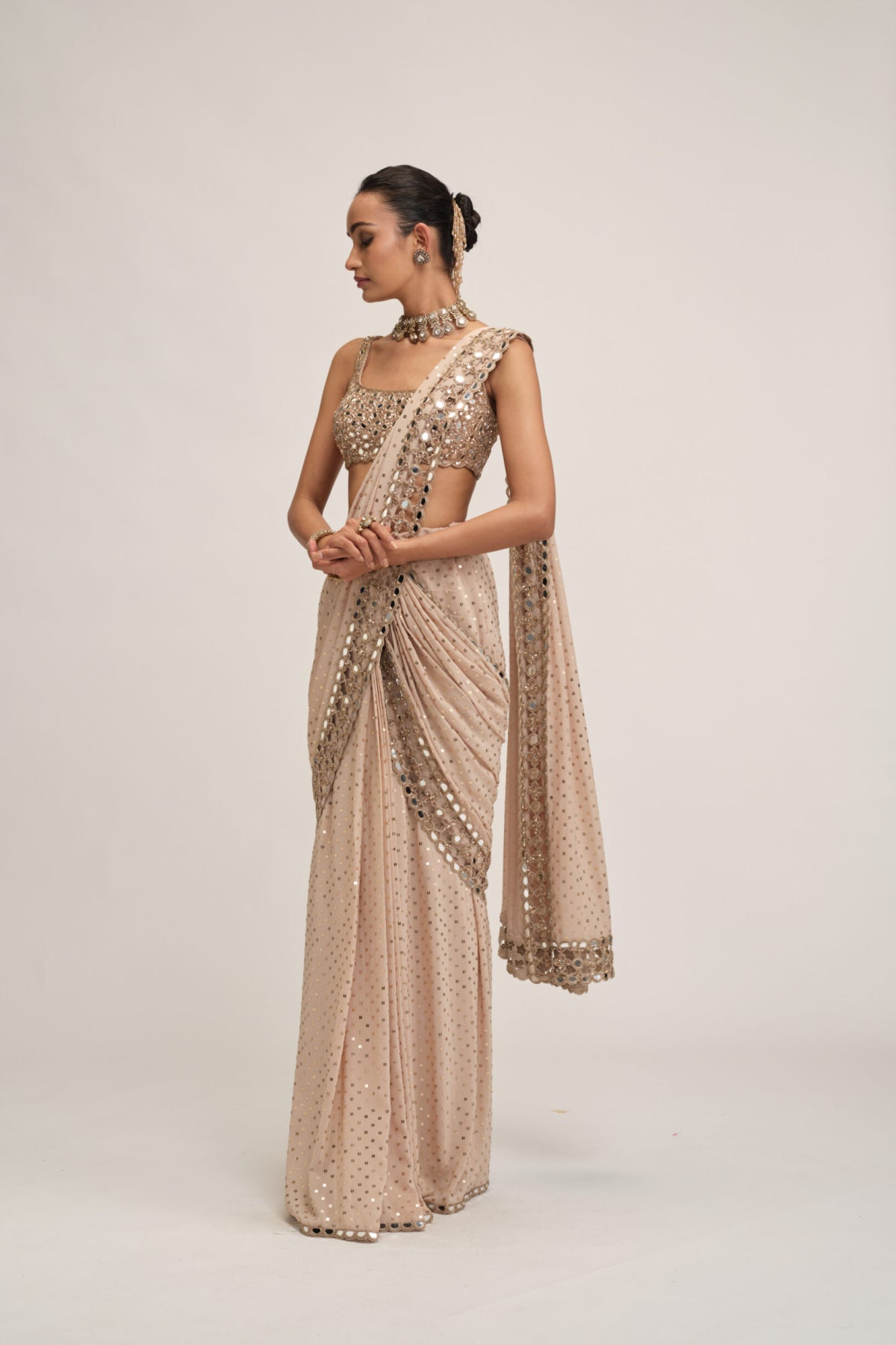 Light Beige Round Neck Cutwork Border Saree Set