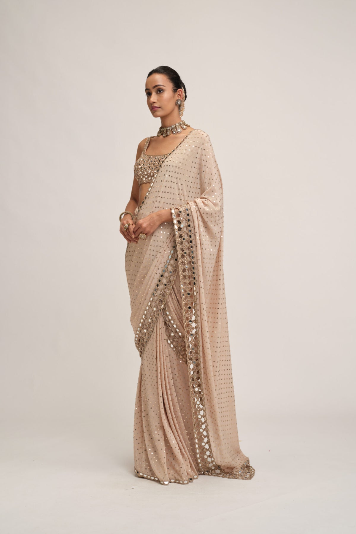 Light Beige Round Neck Cutwork Border Saree Set