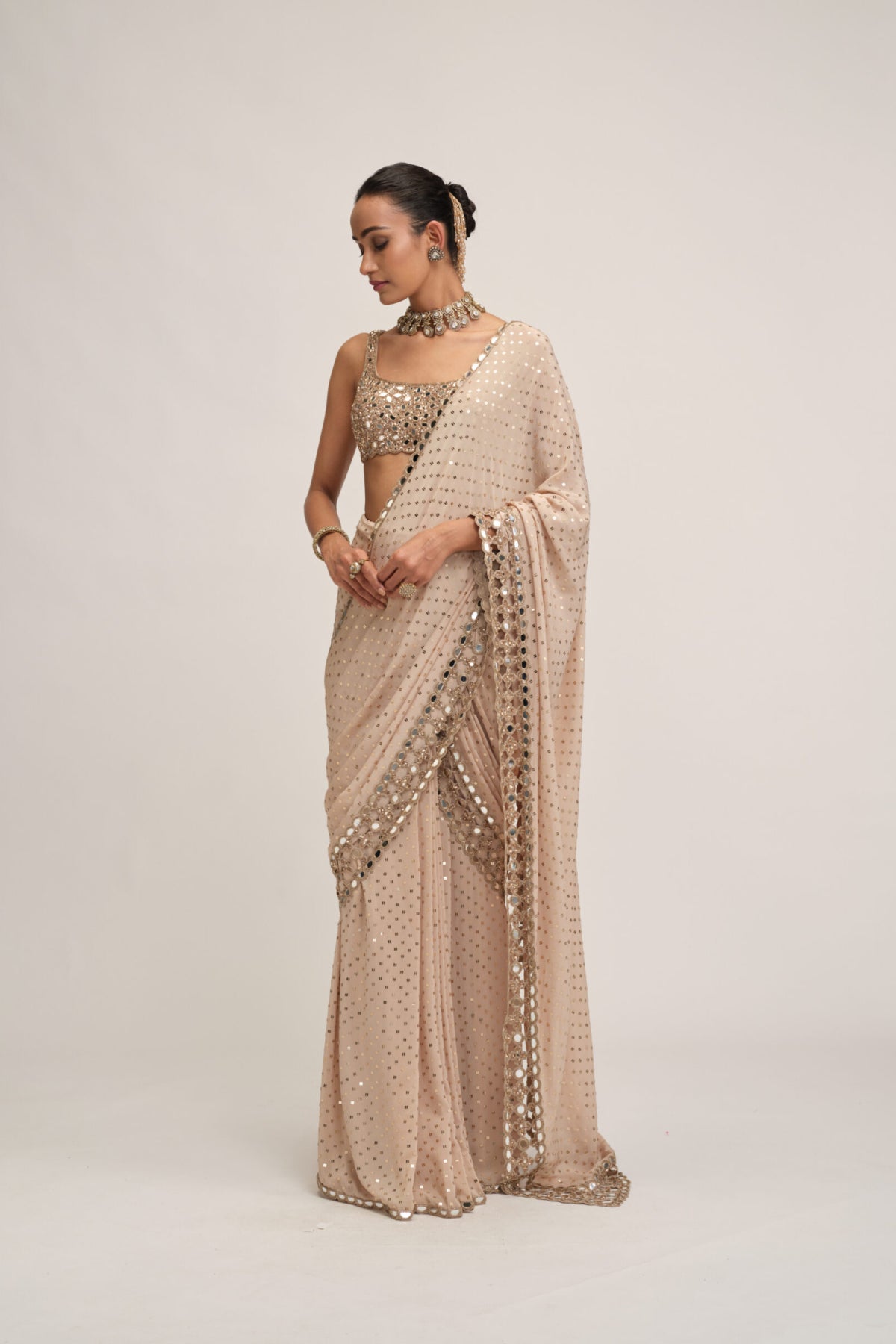 Light Beige Round Neck Cutwork Border Saree Set