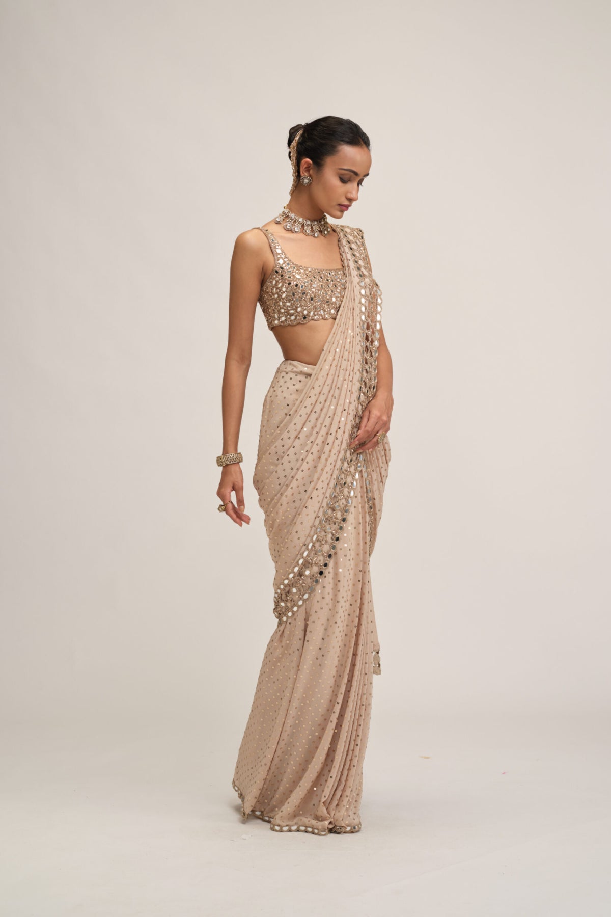Light Beige Round Neck Cutwork Border Saree Set